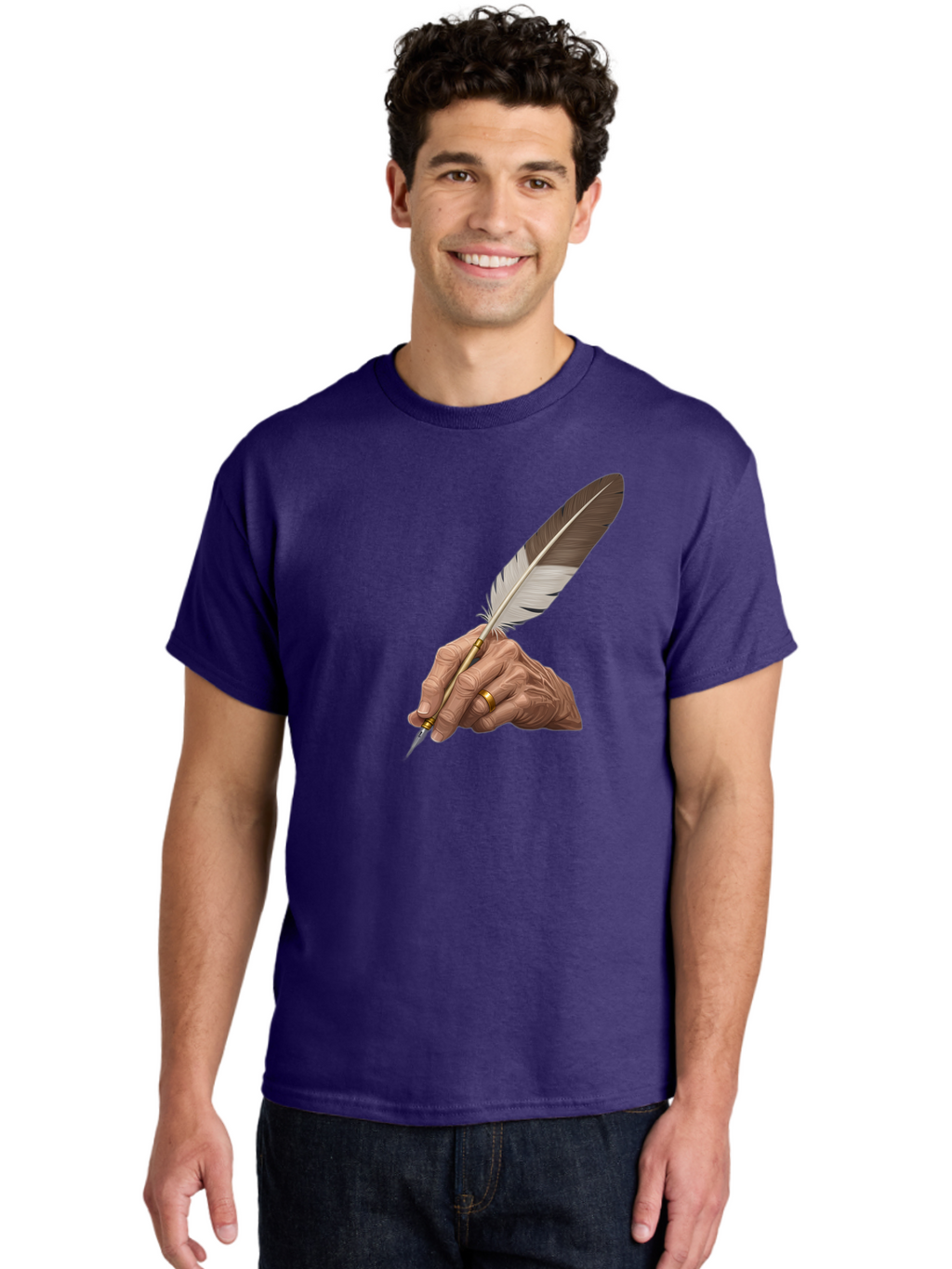 Hand-Holding-Quill-Pen Men'S Graphic Tee, 100% Cotton, Comfortable Casual Summer Wear, Machine Washable, Vintage Camera, Old Camera, Antique Camera, Black Camera, Classic Photography, Photography Equipment, Nostalgic Device, Film Camera, Bao510