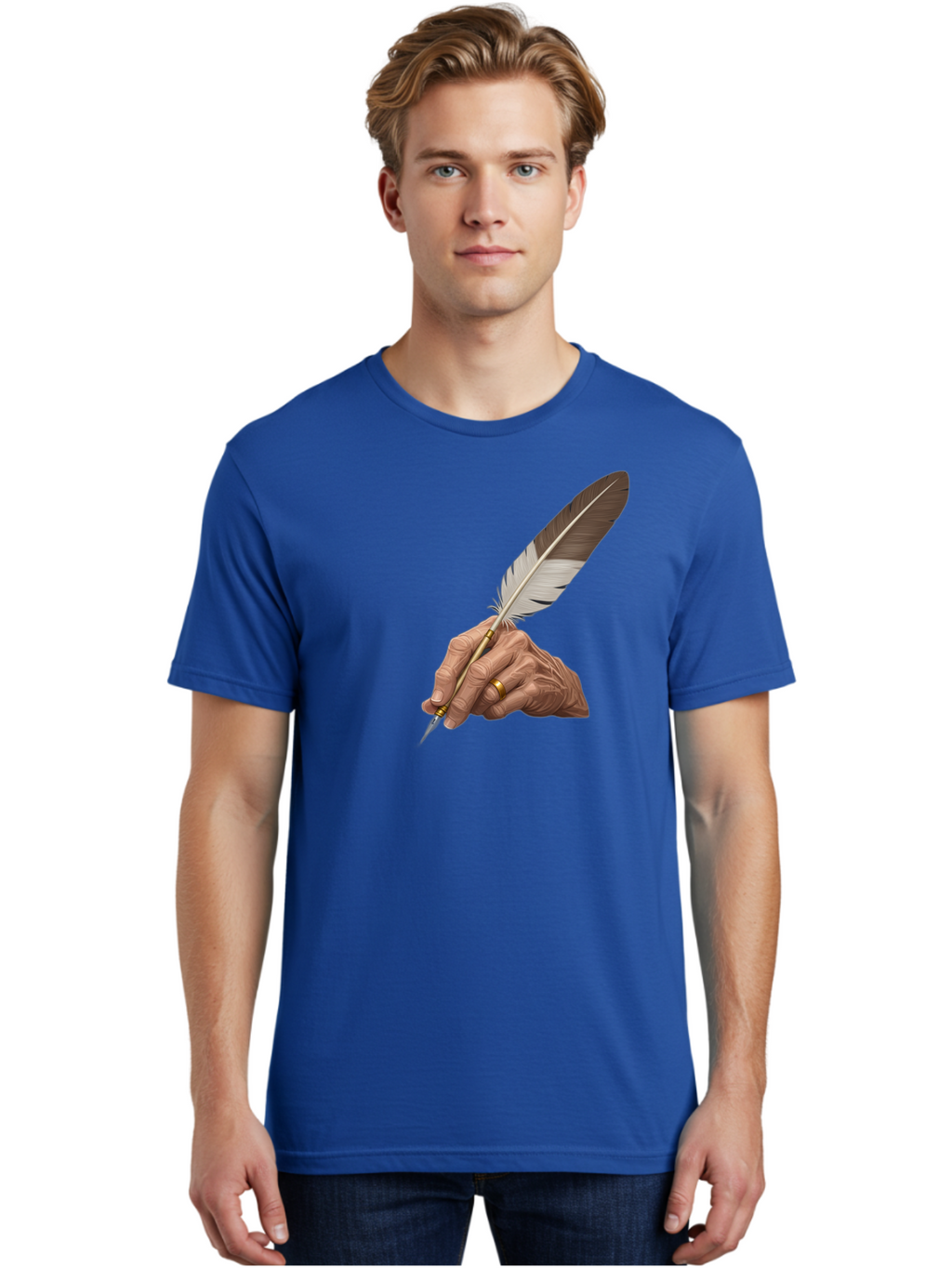 Hand-Holding-Quill-Pen Men'S Graphic Tee, 100% Cotton, Comfortable Casual Summer Wear, Machine Washable, Vintage Camera, Old Camera, Antique Camera, Black Camera, Classic Photography, Photography Equipment, Nostalgic Device, Film Camera, Bao510