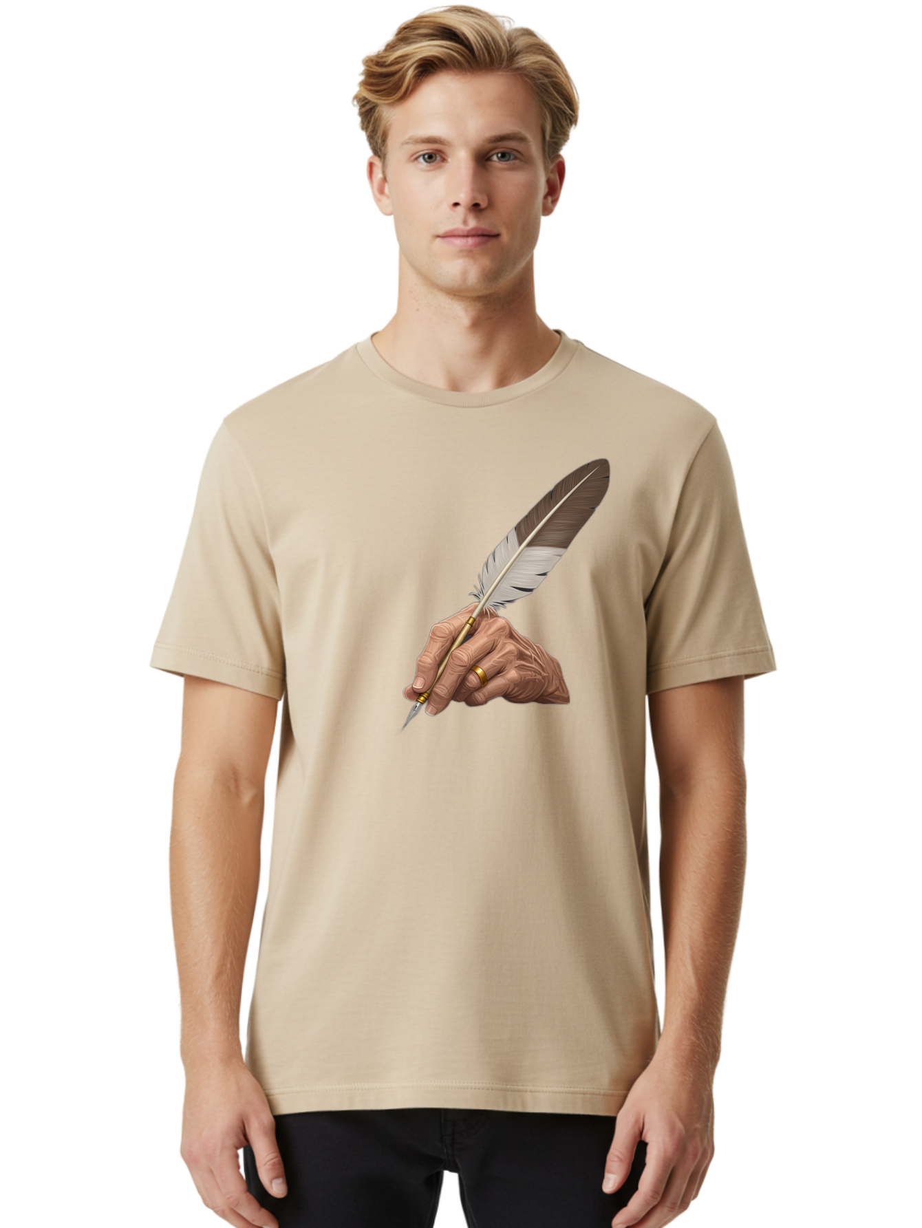 Hand-Holding-Quill-Pen Men'S Graphic Tee, 100% Cotton, Comfortable Casual Summer Wear, Machine Washable, Vintage Camera, Old Camera, Antique Camera, Black Camera, Classic Photography, Photography Equipment, Nostalgic Device, Film Camera, Bao510