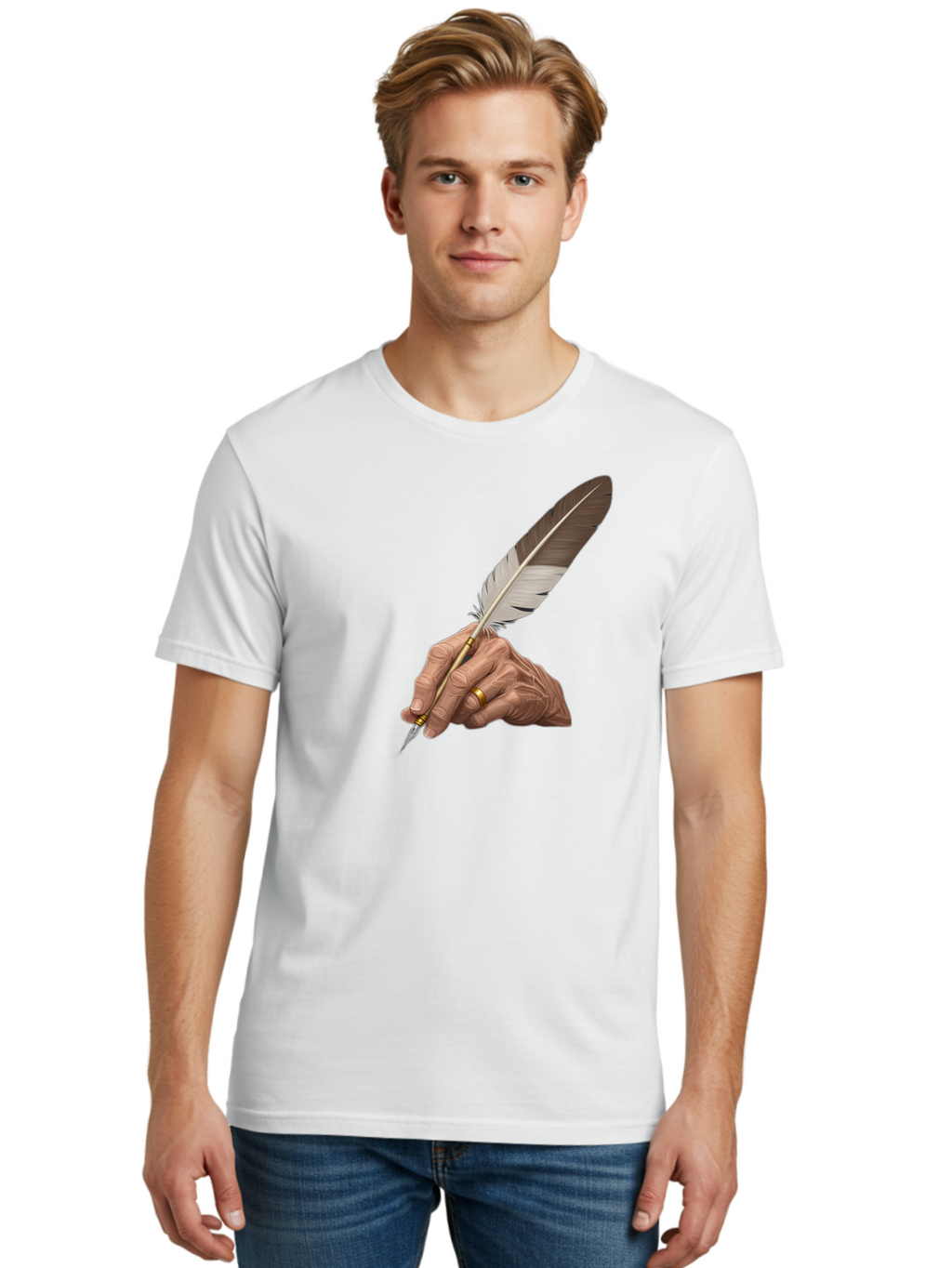 Hand-Holding-Quill-Pen Men'S Graphic Tee, 100% Cotton, Comfortable Casual Summer Wear, Machine Washable, Vintage Camera, Old Camera, Antique Camera, Black Camera, Classic Photography, Photography Equipment, Nostalgic Device, Film Camera, Bao510