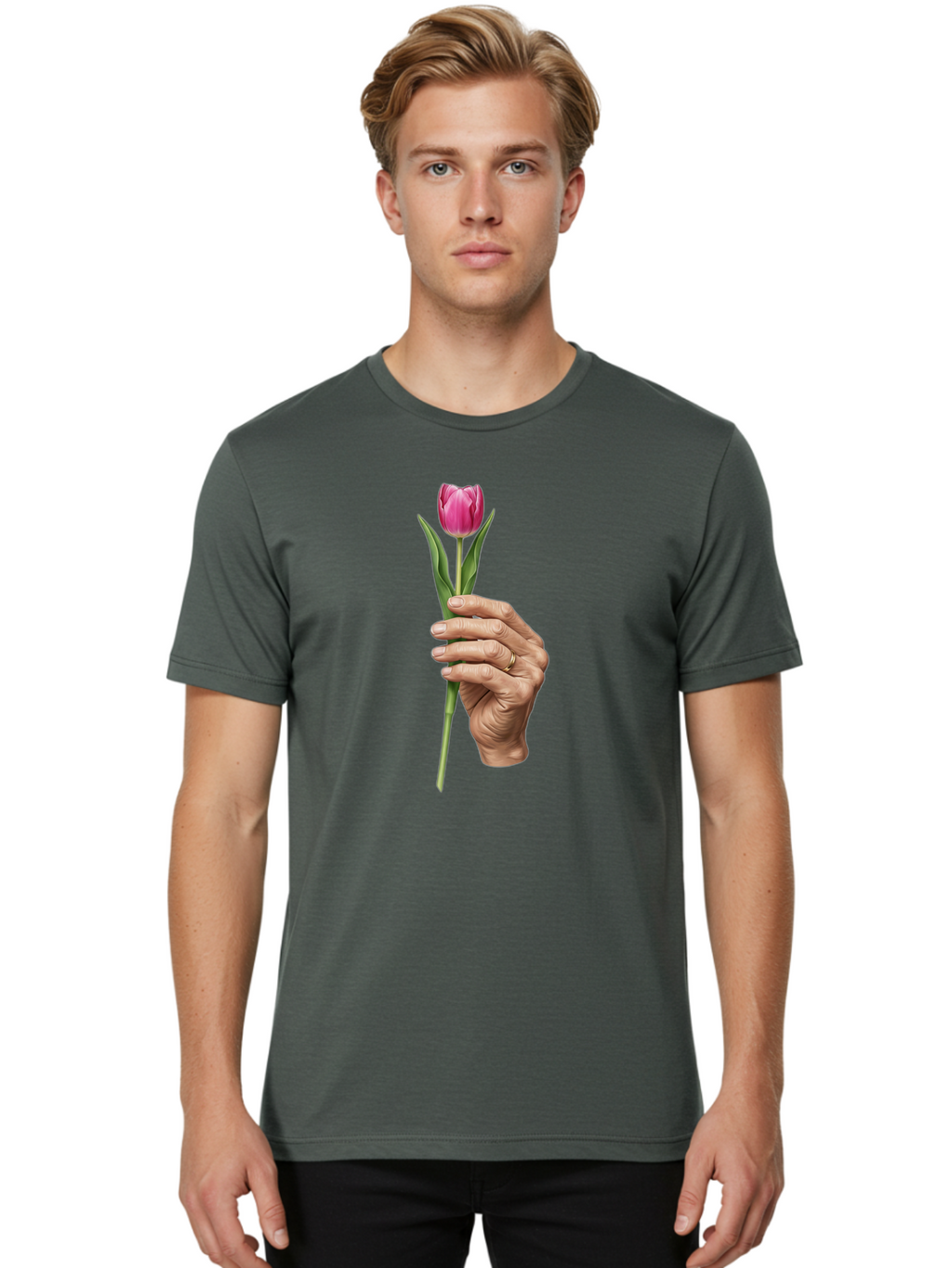 Hand-Holding-Tulip Men'S Graphic Tee, 100% Cotton, Comfortable Casual Summer Wear, Machine Washable, Vintage Camera, Old Camera, Antique Camera, Black Camera, Classic Photography, Photography Equipment, Nostalgic Device, Film Camera, Bao512