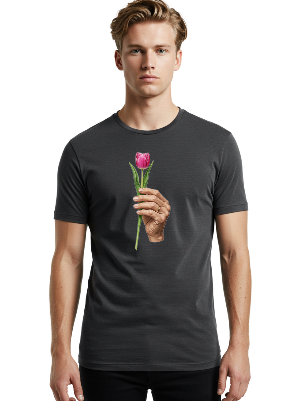 Hand-Holding-Tulip Men'S Graphic Tee, 100% Cotton, Comfortable Casual Summer Wear, Machine Washable, Vintage Camera, Old Camera, Antique Camera, Black Camera, Classic Photography, Photography Equipment, Nostalgic Device, Film Camera, Bao512