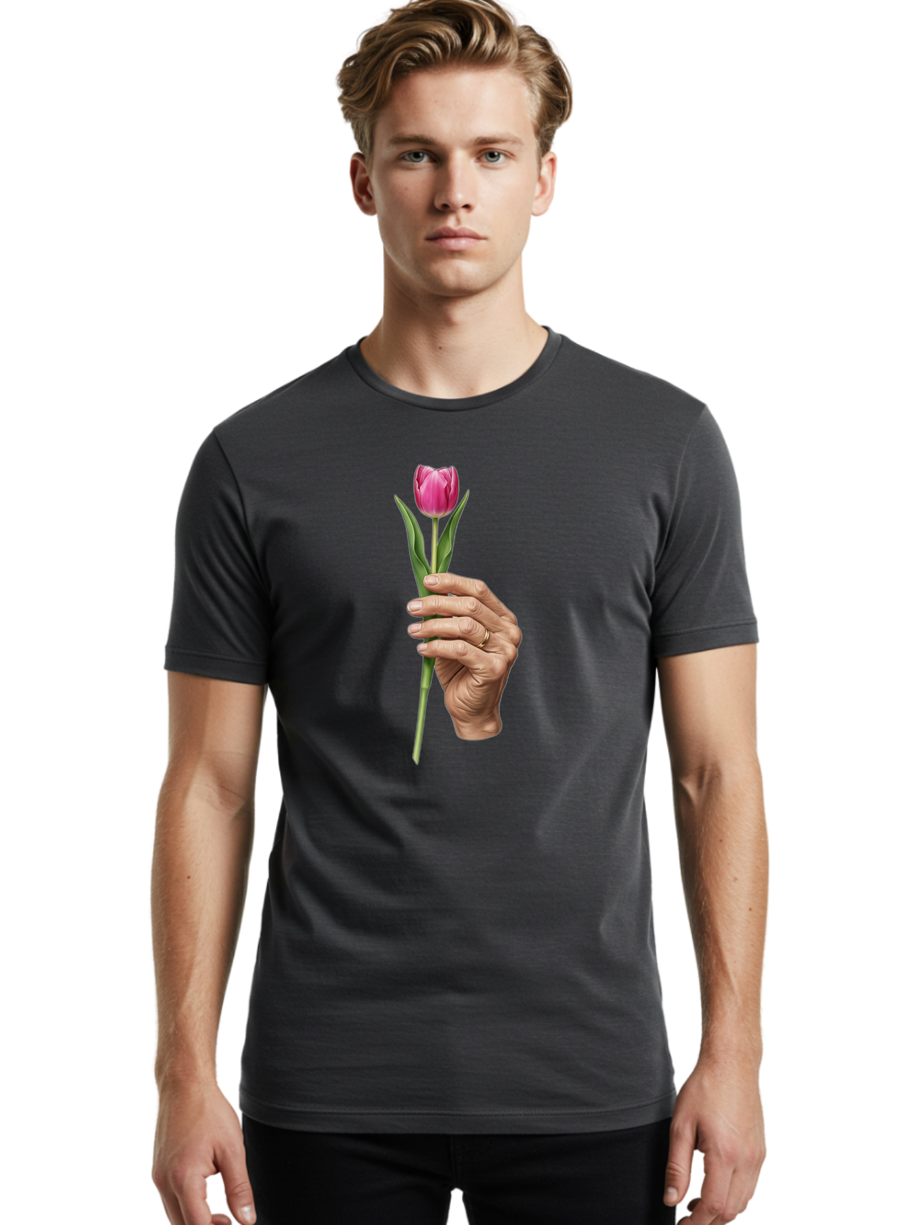 Hand-Holding-Tulip Men'S Graphic Tee, 100% Cotton, Comfortable Casual Summer Wear, Machine Washable, Vintage Camera, Old Camera, Antique Camera, Black Camera, Classic Photography, Photography Equipment, Nostalgic Device, Film Camera, Bao512