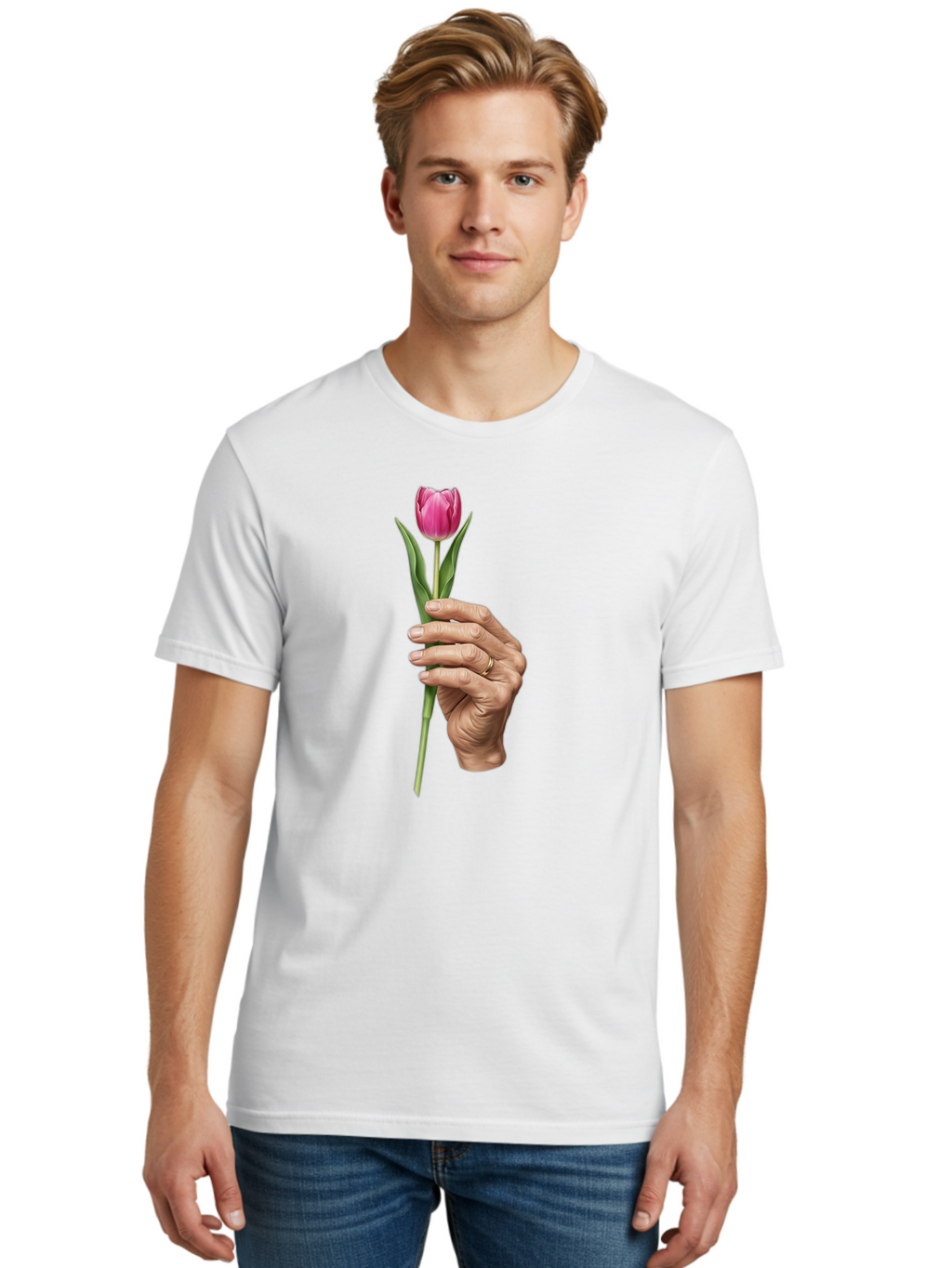 Hand-Holding-Tulip Men'S Graphic Tee, 100% Cotton, Comfortable Casual Summer Wear, Machine Washable, Vintage Camera, Old Camera, Antique Camera, Black Camera, Classic Photography, Photography Equipment, Nostalgic Device, Film Camera, Bao512