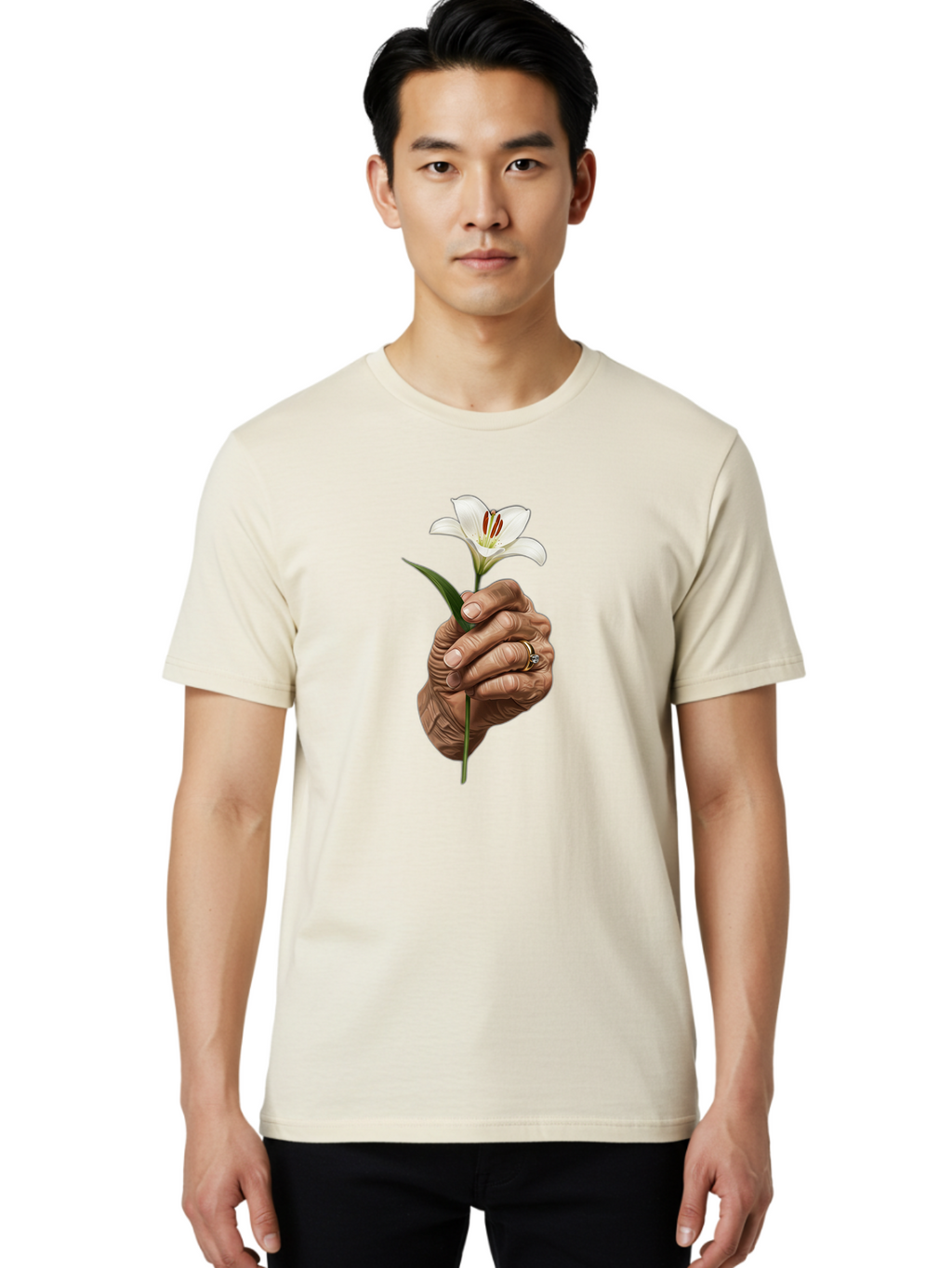 Hand-Holding-White-Lily Men'S Graphic Tee, 100% Cotton, Comfortable Casual Summer Wear, Machine Washable, Vintage Camera, Old Camera, Antique Camera, Black Camera, Classic Photography, Photography Equipment, Nostalgic Device, Film Camera, Bao513