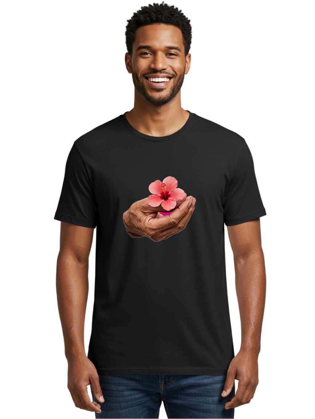 Hands-Holding-Pink-Hibiscus Men'S Graphic Tee, 100% Cotton, Comfortable Casual Summer Wear, Machine Washable, Vintage Camera, Old Camera, Antique Camera, Black Camera, Classic Photography, Photography Equipment, Nostalgic Device, Film Camera, Bao517