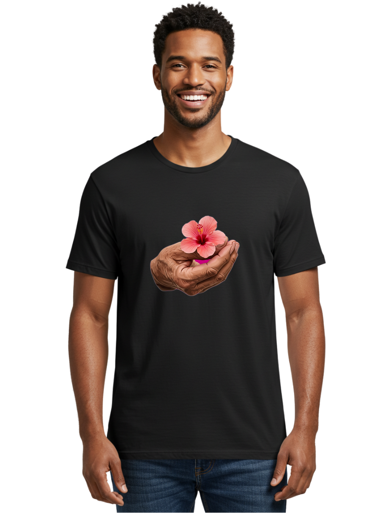 Hands-Holding-Pink-Hibiscus Men'S Graphic Tee, 100% Cotton, Comfortable Casual Summer Wear, Machine Washable, Vintage Camera, Old Camera, Antique Camera, Black Camera, Classic Photography, Photography Equipment, Nostalgic Device, Film Camera, Bao517