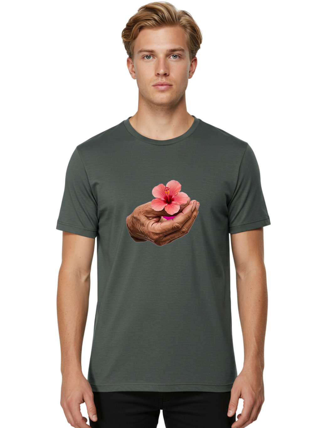 Hands-Holding-Pink-Hibiscus Men'S Graphic Tee, 100% Cotton, Comfortable Casual Summer Wear, Machine Washable, Vintage Camera, Old Camera, Antique Camera, Black Camera, Classic Photography, Photography Equipment, Nostalgic Device, Film Camera, Bao517