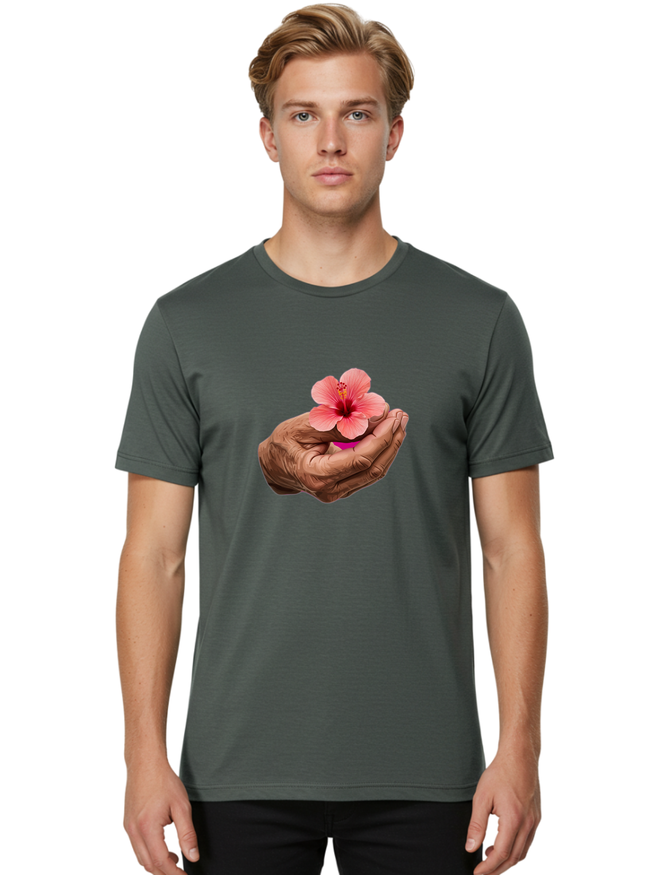 Hands-Holding-Pink-Hibiscus Men'S Graphic Tee, 100% Cotton, Comfortable Casual Summer Wear, Machine Washable, Vintage Camera, Old Camera, Antique Camera, Black Camera, Classic Photography, Photography Equipment, Nostalgic Device, Film Camera, Bao517