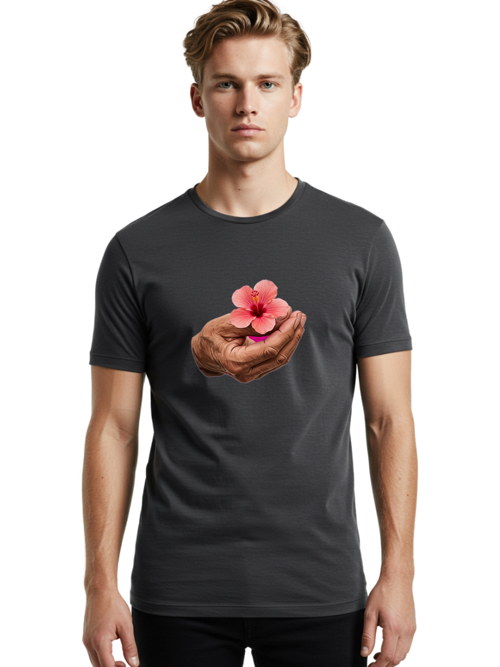 Hands-Holding-Pink-Hibiscus Men'S Graphic Tee, 100% Cotton, Comfortable Casual Summer Wear, Machine Washable, Vintage Camera, Old Camera, Antique Camera, Black Camera, Classic Photography, Photography Equipment, Nostalgic Device, Film Camera, Bao517