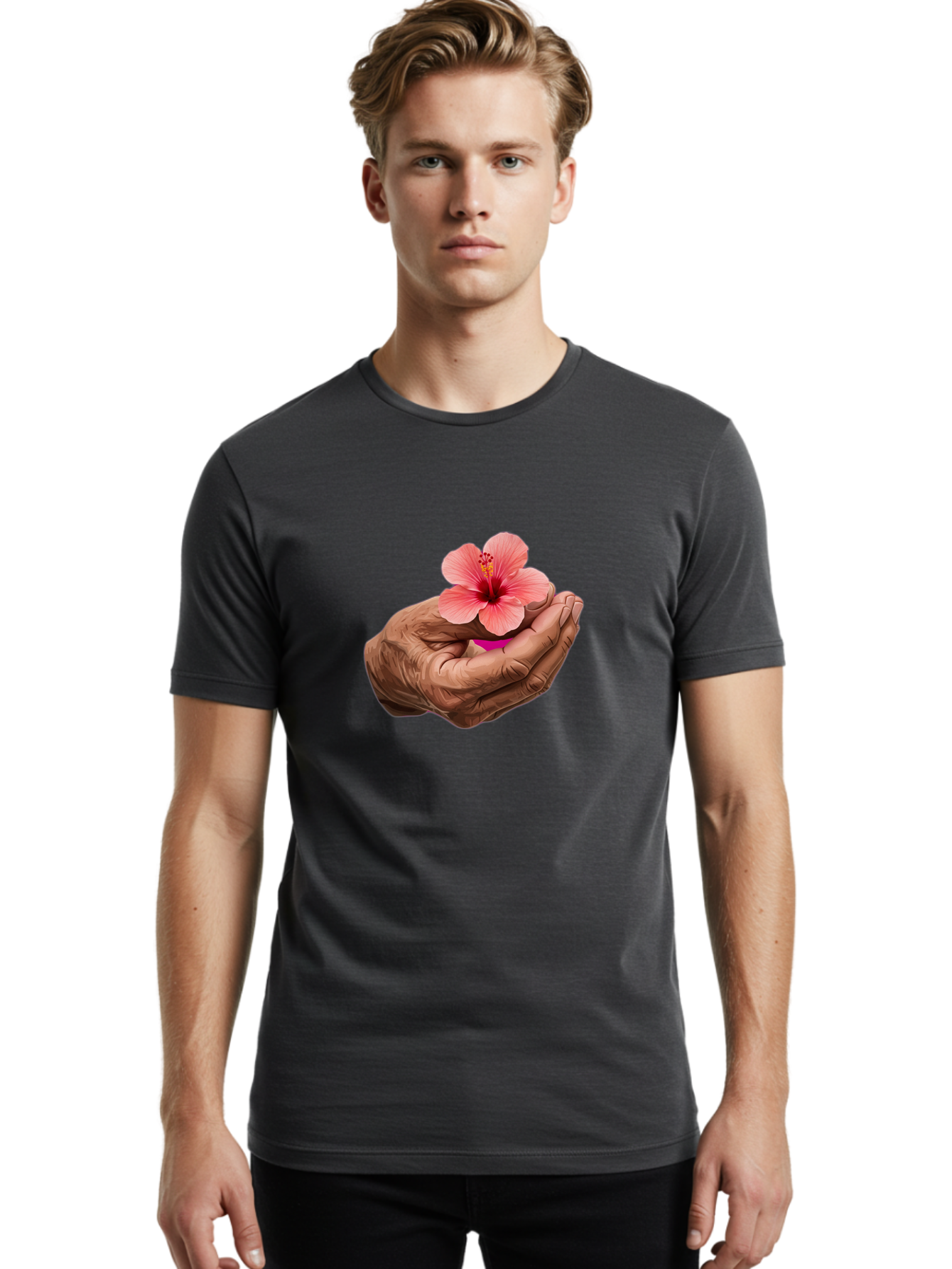 Hands-Holding-Pink-Hibiscus Men'S Graphic Tee, 100% Cotton, Comfortable Casual Summer Wear, Machine Washable, Vintage Camera, Old Camera, Antique Camera, Black Camera, Classic Photography, Photography Equipment, Nostalgic Device, Film Camera, Bao517