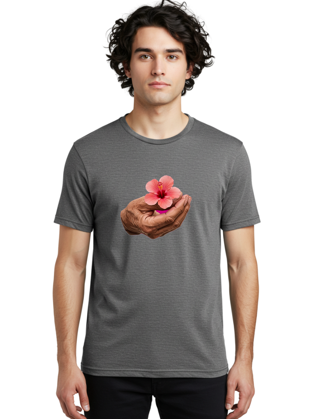 Hands-Holding-Pink-Hibiscus Men'S Graphic Tee, 100% Cotton, Comfortable Casual Summer Wear, Machine Washable, Vintage Camera, Old Camera, Antique Camera, Black Camera, Classic Photography, Photography Equipment, Nostalgic Device, Film Camera, Bao517