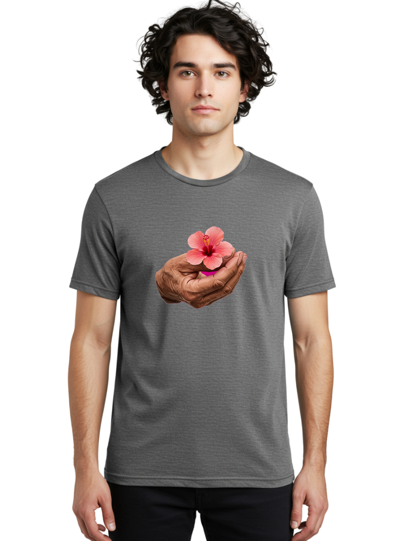 Hands-Holding-Pink-Hibiscus Men'S Graphic Tee, 100% Cotton, Comfortable Casual Summer Wear, Machine Washable, Vintage Camera, Old Camera, Antique Camera, Black Camera, Classic Photography, Photography Equipment, Nostalgic Device, Film Camera, Bao517