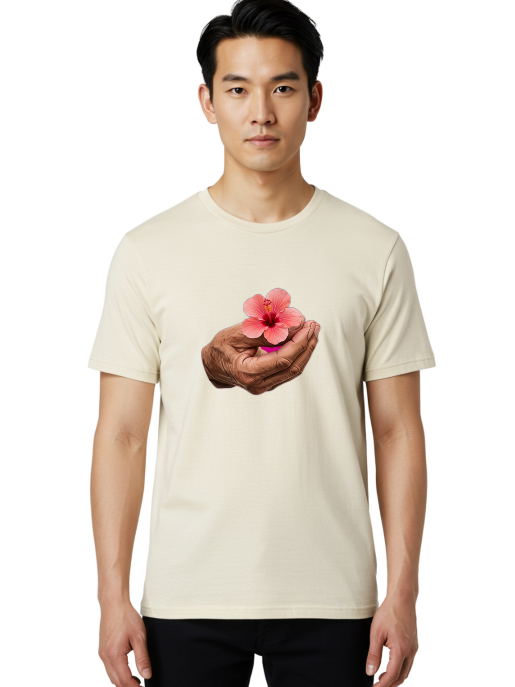 Hands-Holding-Pink-Hibiscus Men'S Graphic Tee, 100% Cotton, Comfortable Casual Summer Wear, Machine Washable, Vintage Camera, Old Camera, Antique Camera, Black Camera, Classic Photography, Photography Equipment, Nostalgic Device, Film Camera, Bao517