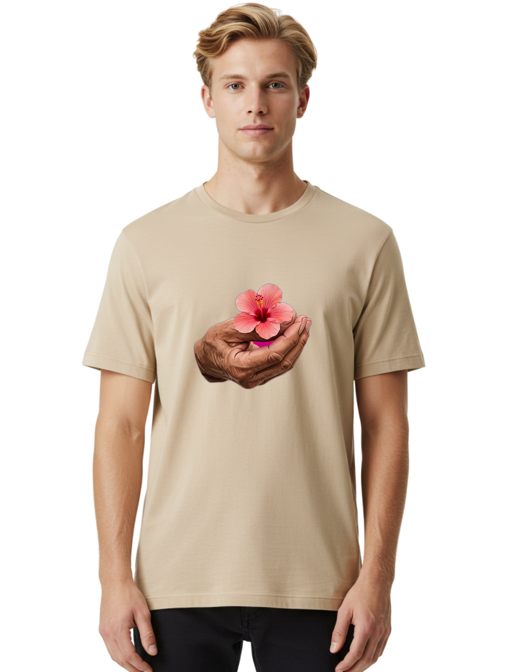 Hands-Holding-Pink-Hibiscus Men'S Graphic Tee, 100% Cotton, Comfortable Casual Summer Wear, Machine Washable, Vintage Camera, Old Camera, Antique Camera, Black Camera, Classic Photography, Photography Equipment, Nostalgic Device, Film Camera, Bao517