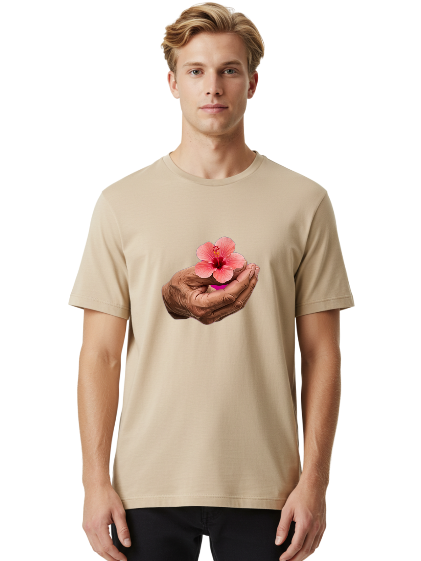 Hands-Holding-Pink-Hibiscus Men'S Graphic Tee, 100% Cotton, Comfortable Casual Summer Wear, Machine Washable, Vintage Camera, Old Camera, Antique Camera, Black Camera, Classic Photography, Photography Equipment, Nostalgic Device, Film Camera, Bao517