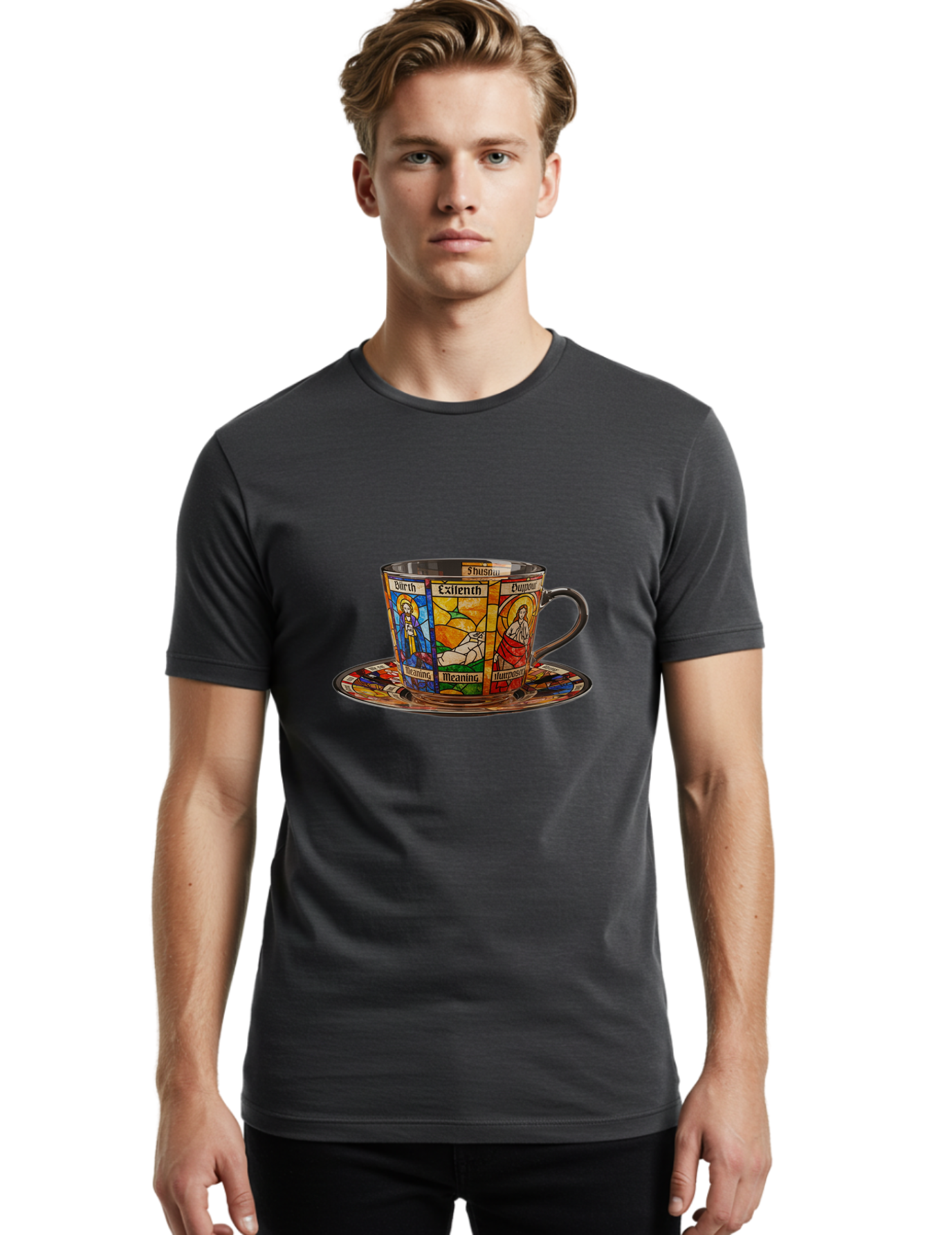 Jesus-Stained-Glass-Tea-Cup Men'S Graphic Tee, 100% Cotton, Comfortable Casual Summer Wear, Machine Washable, Vintage Camera, Old Camera, Antique Camera, Black Camera, Classic Photography, Photography Equipment, Nostalgic Device, Film Camera, Bao549