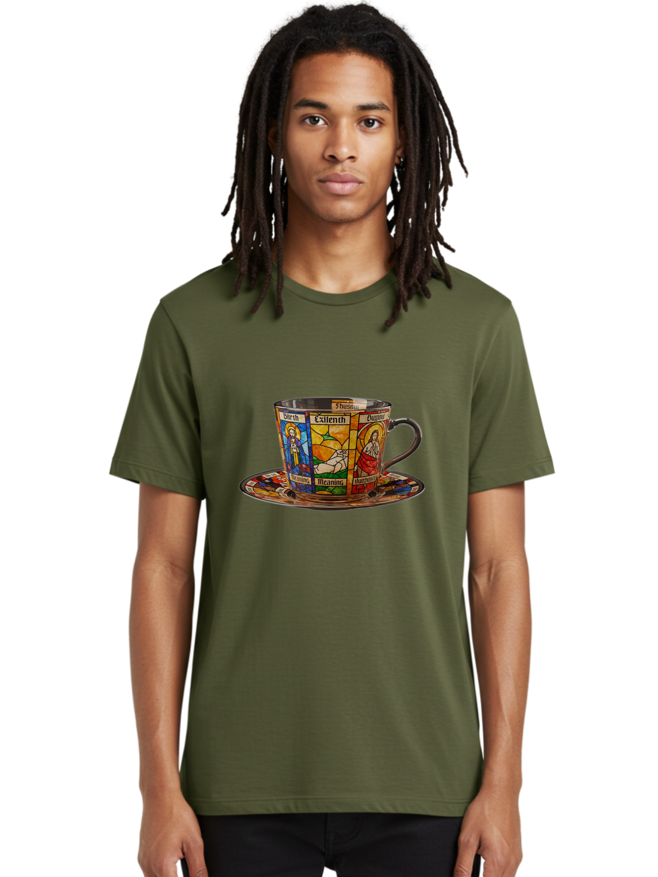 Jesus-Stained-Glass-Tea-Cup Men'S Graphic Tee, 100% Cotton, Comfortable Casual Summer Wear, Machine Washable, Vintage Camera, Old Camera, Antique Camera, Black Camera, Classic Photography, Photography Equipment, Nostalgic Device, Film Camera, Bao549