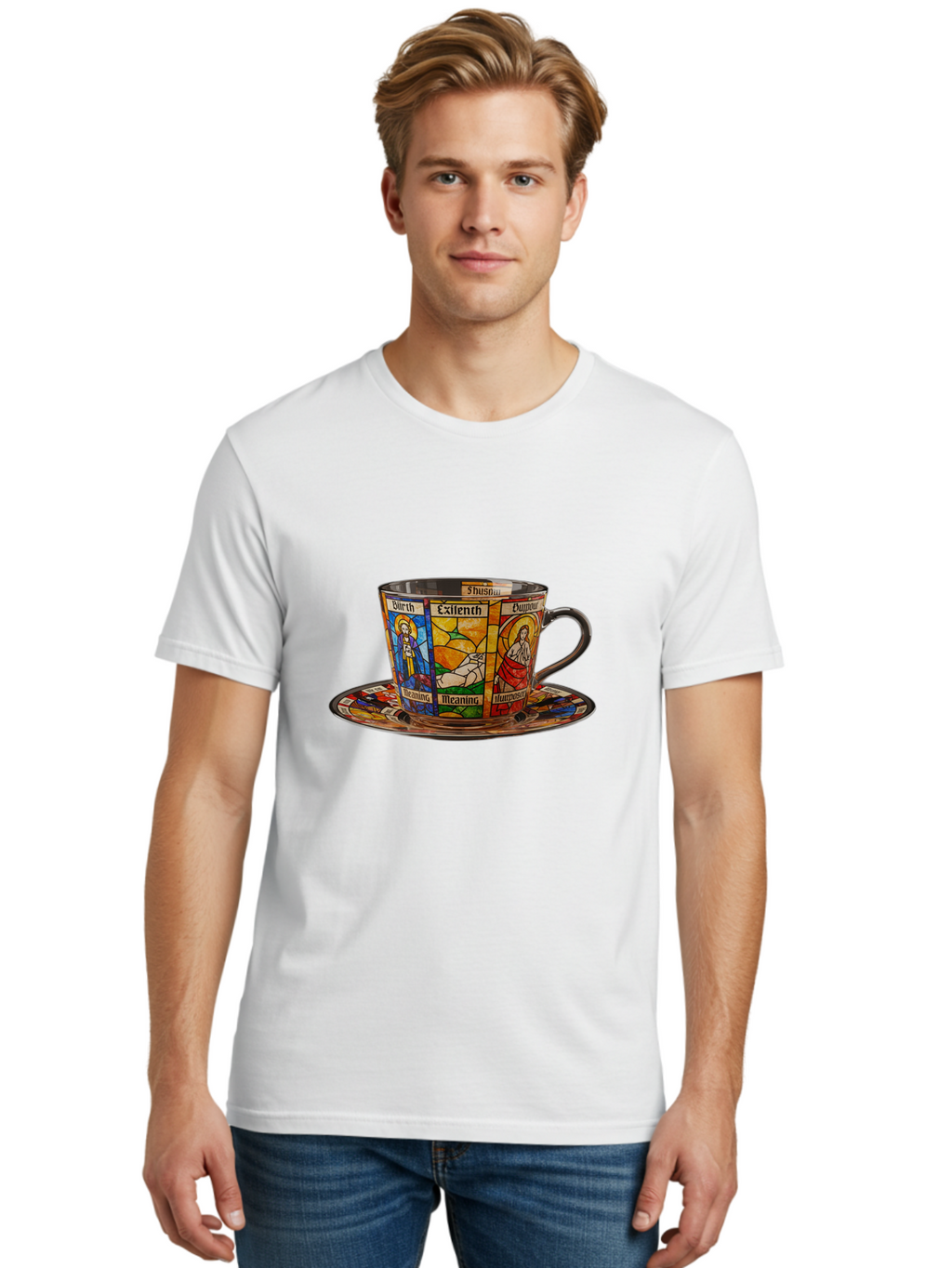 Jesus-Stained-Glass-Tea-Cup Men'S Graphic Tee, 100% Cotton, Comfortable Casual Summer Wear, Machine Washable, Vintage Camera, Old Camera, Antique Camera, Black Camera, Classic Photography, Photography Equipment, Nostalgic Device, Film Camera, Bao549