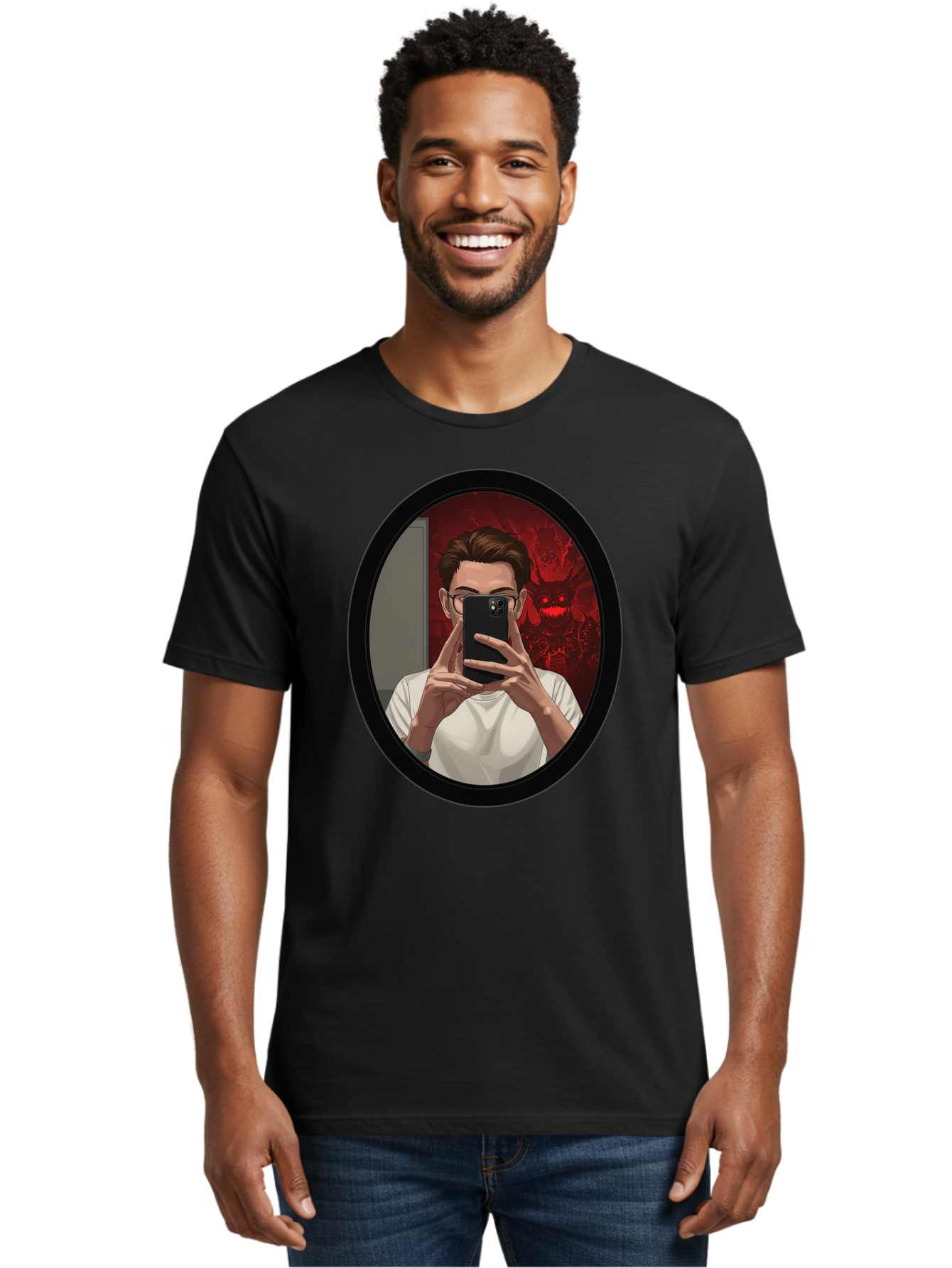 Man-Taking-Selfie-In-Mirror Men'S Graphic Tee, 100% Cotton, Comfortable Casual Summer Wear, Machine Washable, Vintage Camera, Old Camera, Antique Camera, Black Camera, Classic Photography, Photography Equipment, Nostalgic Device, Film Camera, Bao628