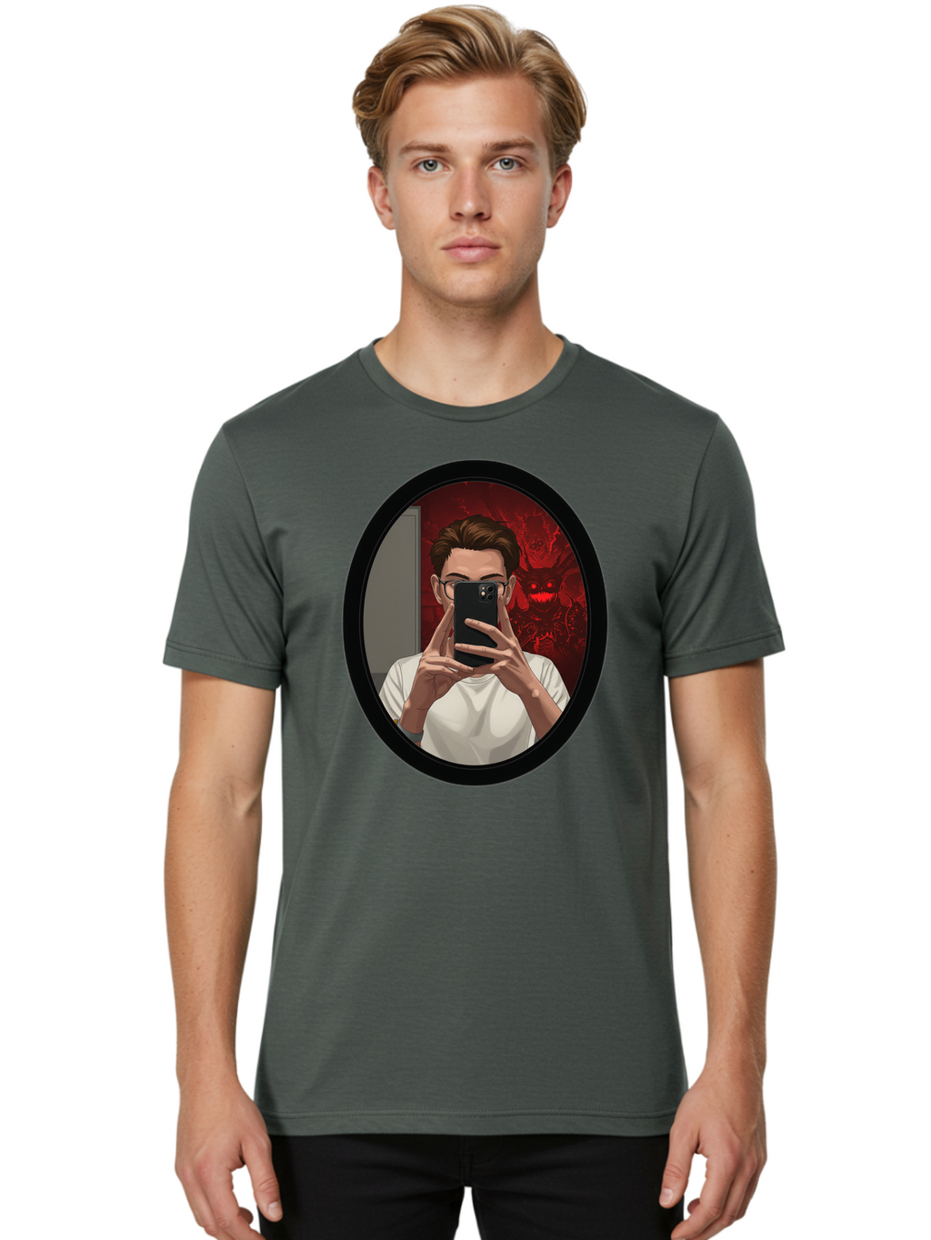 Man-Taking-Selfie-In-Mirror Men'S Graphic Tee, 100% Cotton, Comfortable Casual Summer Wear, Machine Washable, Vintage Camera, Old Camera, Antique Camera, Black Camera, Classic Photography, Photography Equipment, Nostalgic Device, Film Camera, Bao628