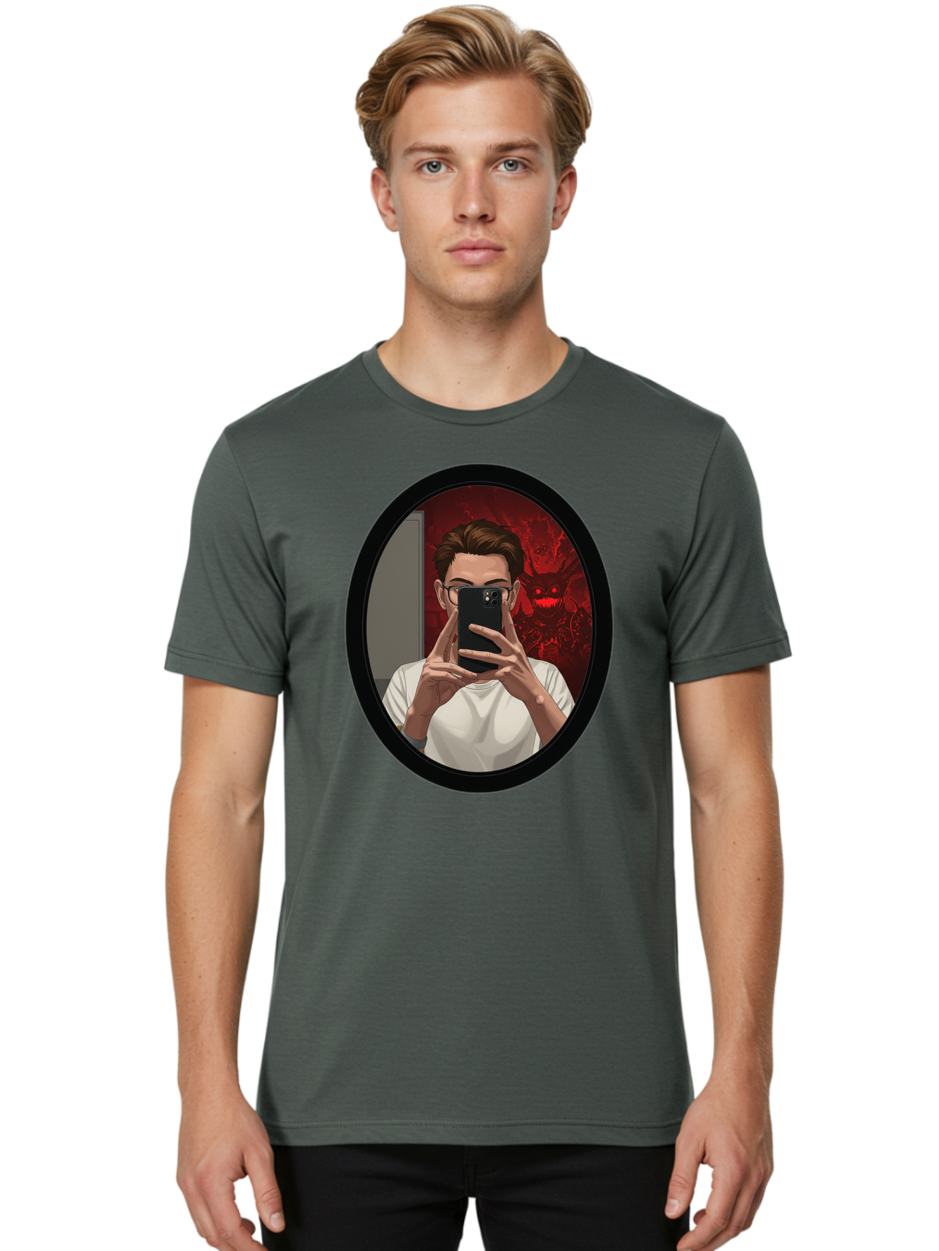Man-Taking-Selfie-In-Mirror Men'S Graphic Tee, 100% Cotton, Comfortable Casual Summer Wear, Machine Washable, Vintage Camera, Old Camera, Antique Camera, Black Camera, Classic Photography, Photography Equipment, Nostalgic Device, Film Camera, Bao628