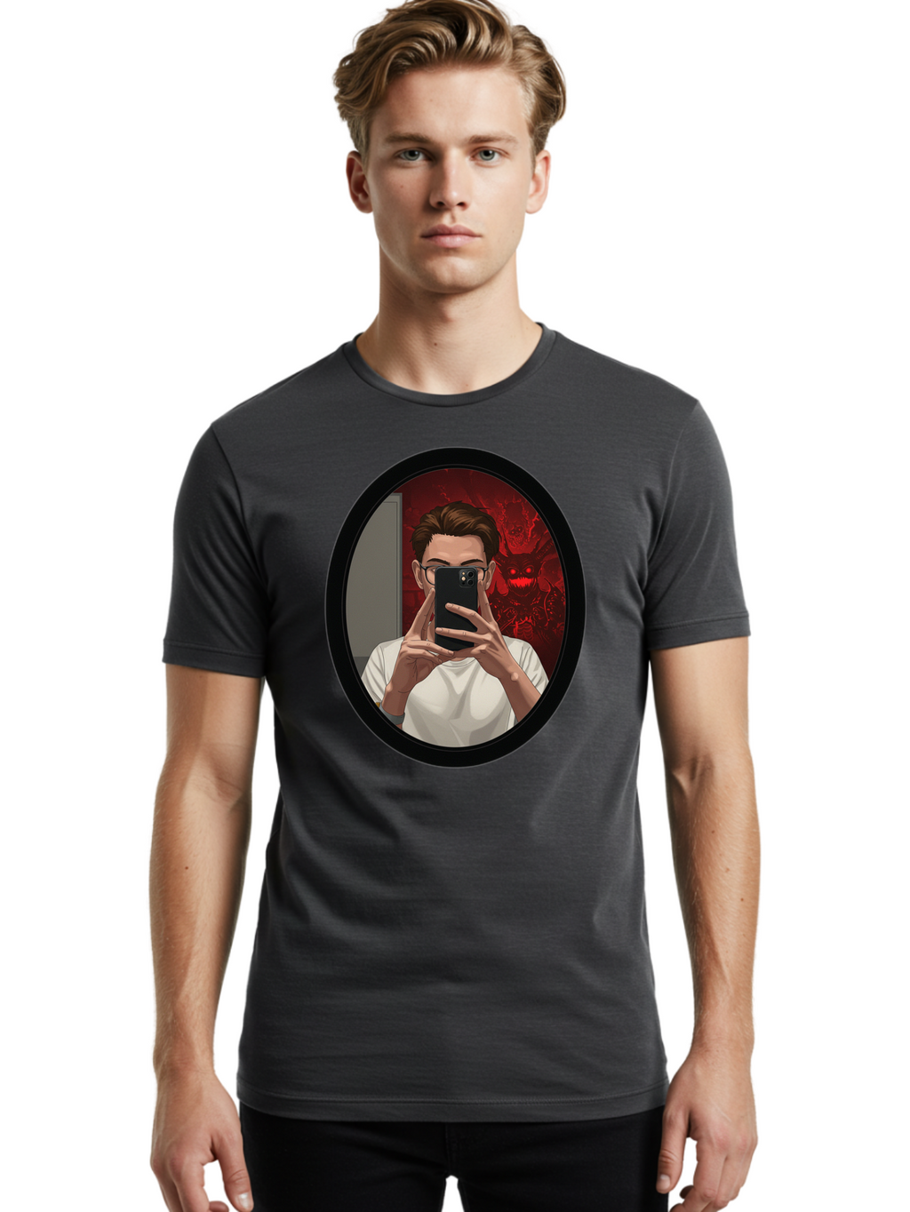 Man-Taking-Selfie-In-Mirror Men'S Graphic Tee, 100% Cotton, Comfortable Casual Summer Wear, Machine Washable, Vintage Camera, Old Camera, Antique Camera, Black Camera, Classic Photography, Photography Equipment, Nostalgic Device, Film Camera, Bao628