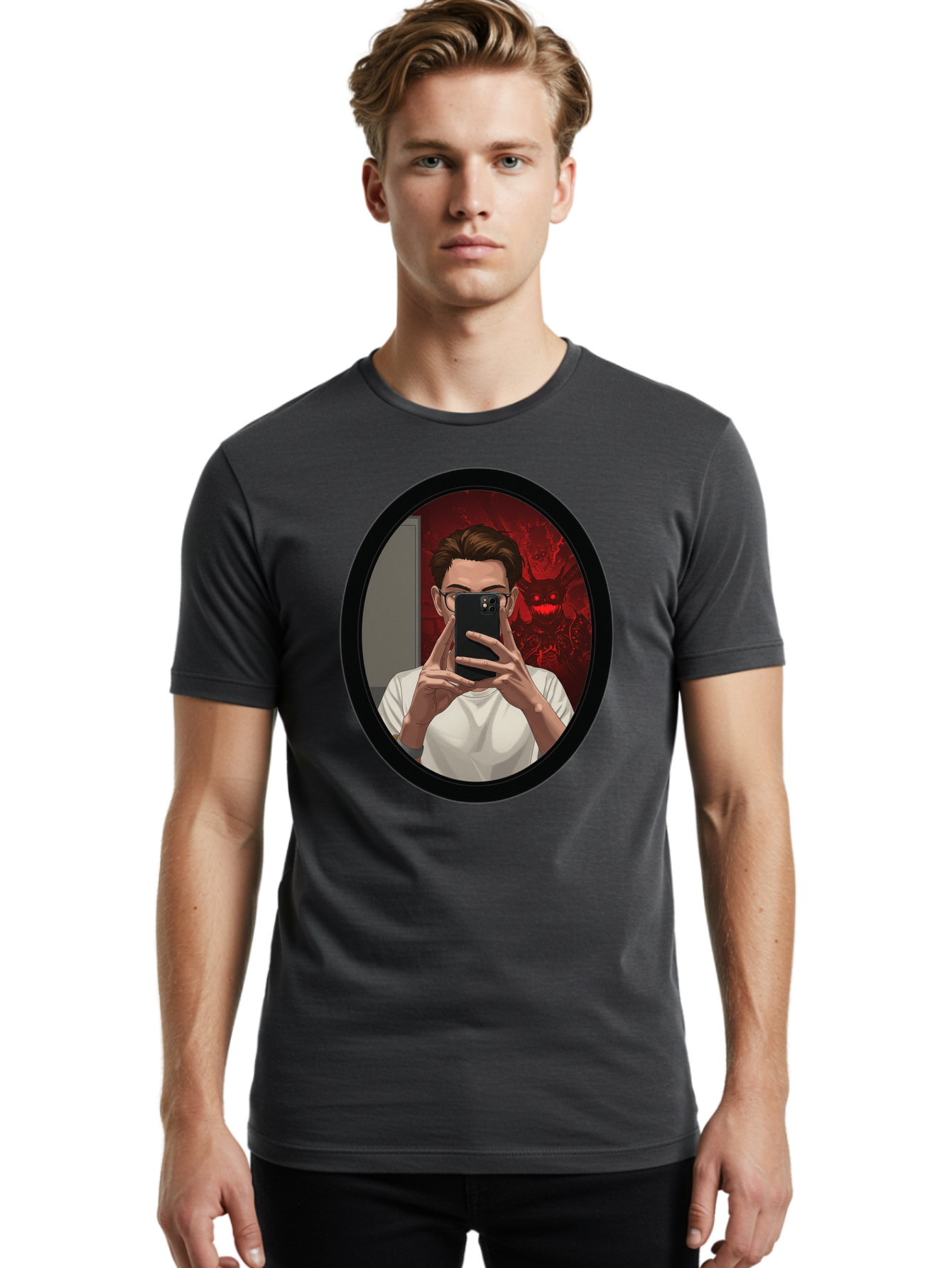 Man-Taking-Selfie-In-Mirror Men'S Graphic Tee, 100% Cotton, Comfortable Casual Summer Wear, Machine Washable, Vintage Camera, Old Camera, Antique Camera, Black Camera, Classic Photography, Photography Equipment, Nostalgic Device, Film Camera, Bao628
