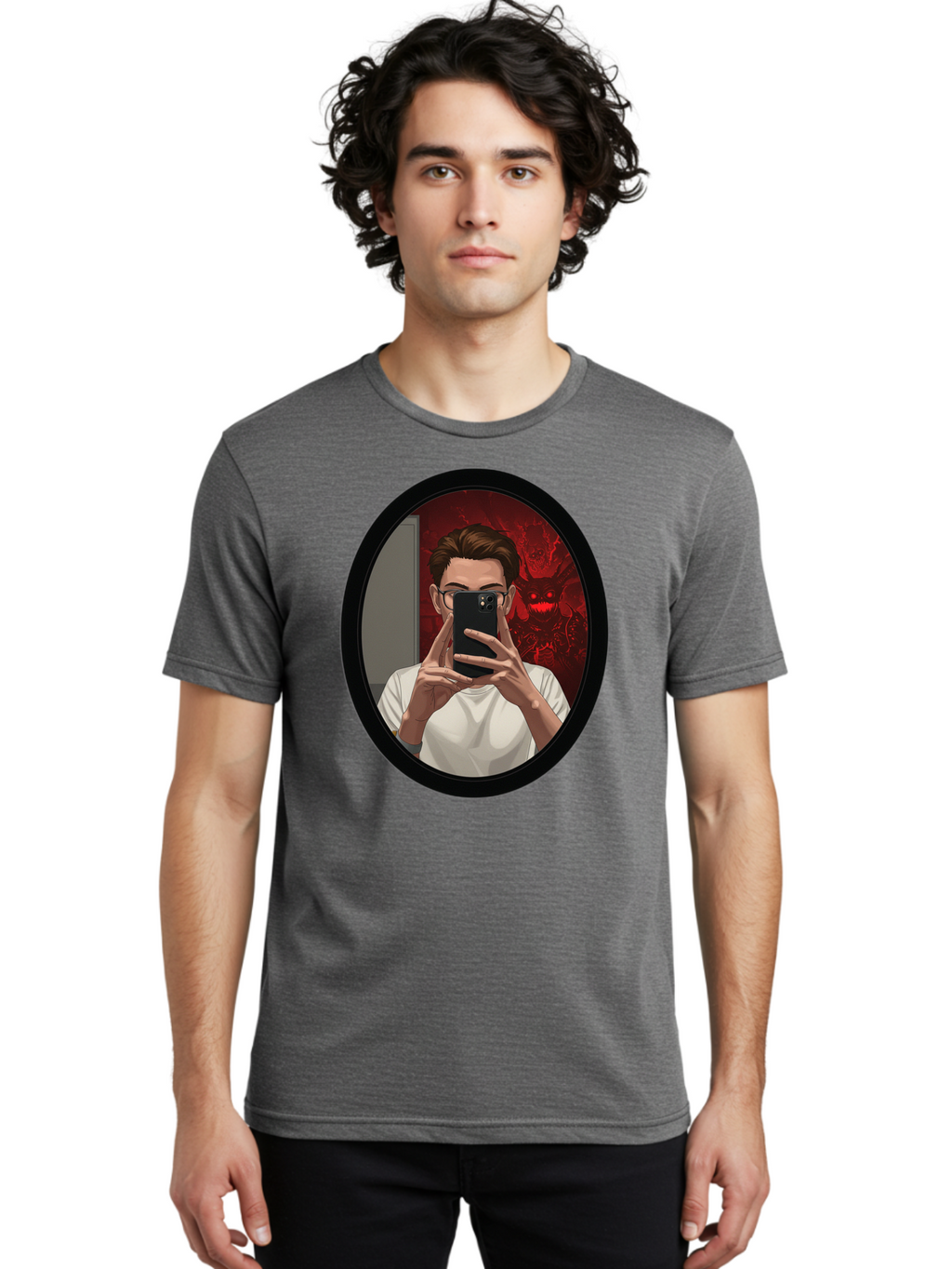 Man-Taking-Selfie-In-Mirror Men'S Graphic Tee, 100% Cotton, Comfortable Casual Summer Wear, Machine Washable, Vintage Camera, Old Camera, Antique Camera, Black Camera, Classic Photography, Photography Equipment, Nostalgic Device, Film Camera, Bao628