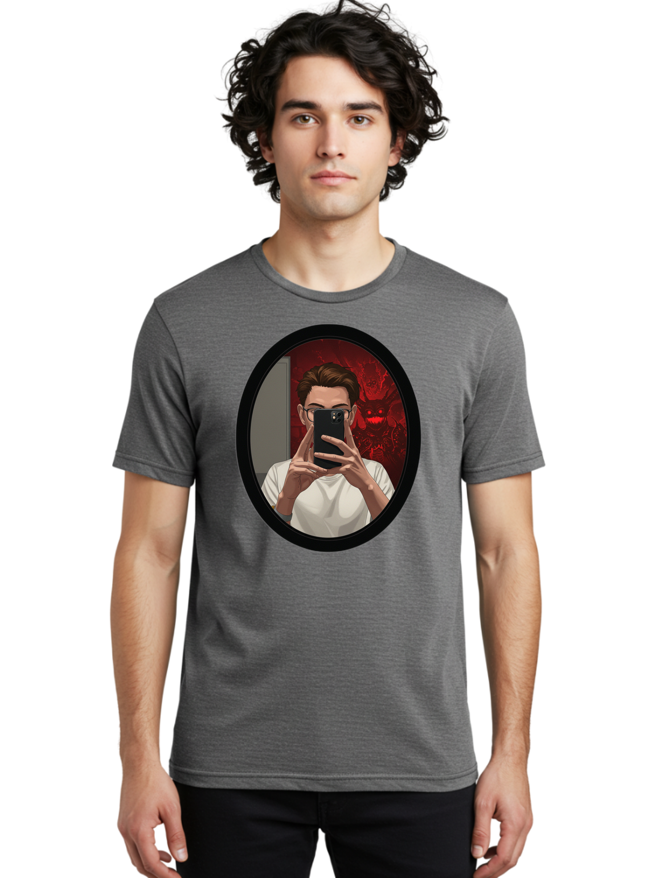 Man-Taking-Selfie-In-Mirror Men'S Graphic Tee, 100% Cotton, Comfortable Casual Summer Wear, Machine Washable, Vintage Camera, Old Camera, Antique Camera, Black Camera, Classic Photography, Photography Equipment, Nostalgic Device, Film Camera, Bao628