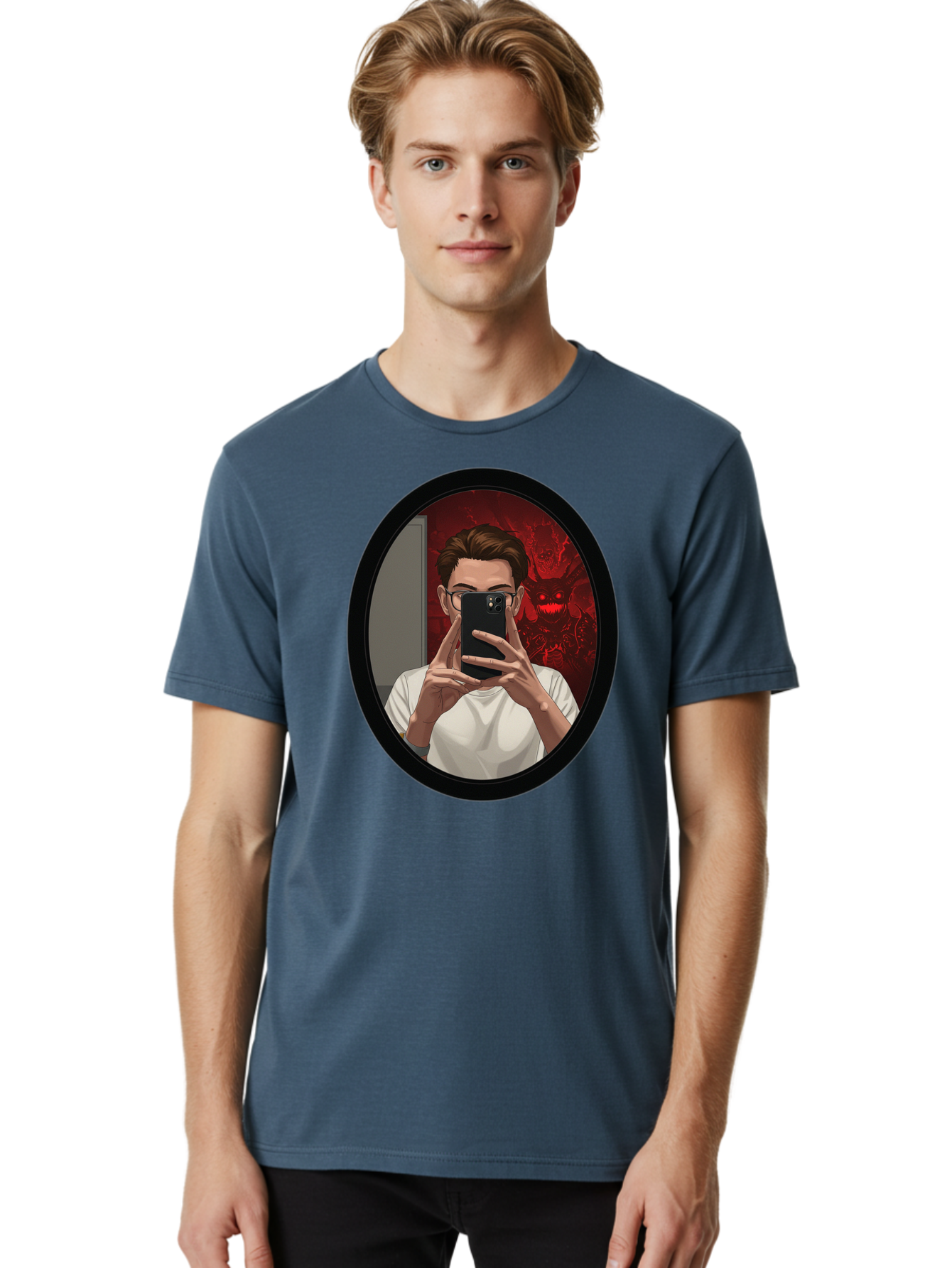 Man-Taking-Selfie-In-Mirror Men'S Graphic Tee, 100% Cotton, Comfortable Casual Summer Wear, Machine Washable, Vintage Camera, Old Camera, Antique Camera, Black Camera, Classic Photography, Photography Equipment, Nostalgic Device, Film Camera, Bao628
