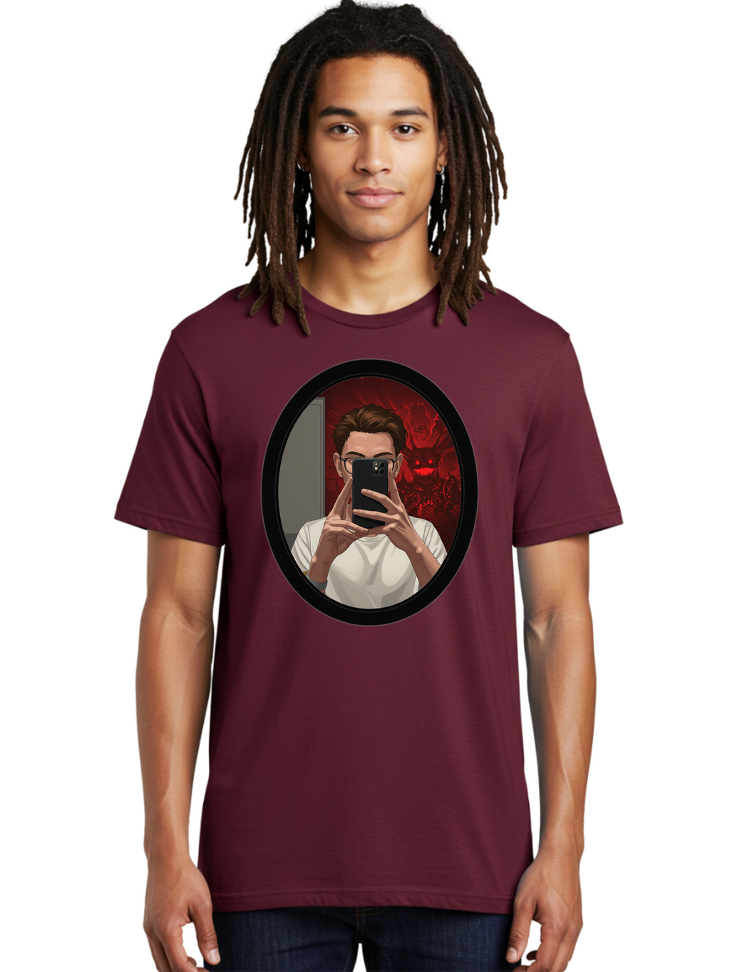 Man-Taking-Selfie-In-Mirror Men'S Graphic Tee, 100% Cotton, Comfortable Casual Summer Wear, Machine Washable, Vintage Camera, Old Camera, Antique Camera, Black Camera, Classic Photography, Photography Equipment, Nostalgic Device, Film Camera, Bao628