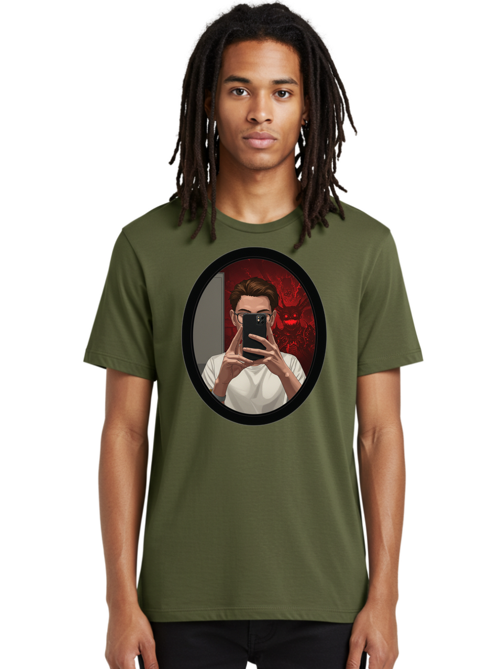 Man-Taking-Selfie-In-Mirror Men'S Graphic Tee, 100% Cotton, Comfortable Casual Summer Wear, Machine Washable, Vintage Camera, Old Camera, Antique Camera, Black Camera, Classic Photography, Photography Equipment, Nostalgic Device, Film Camera, Bao628