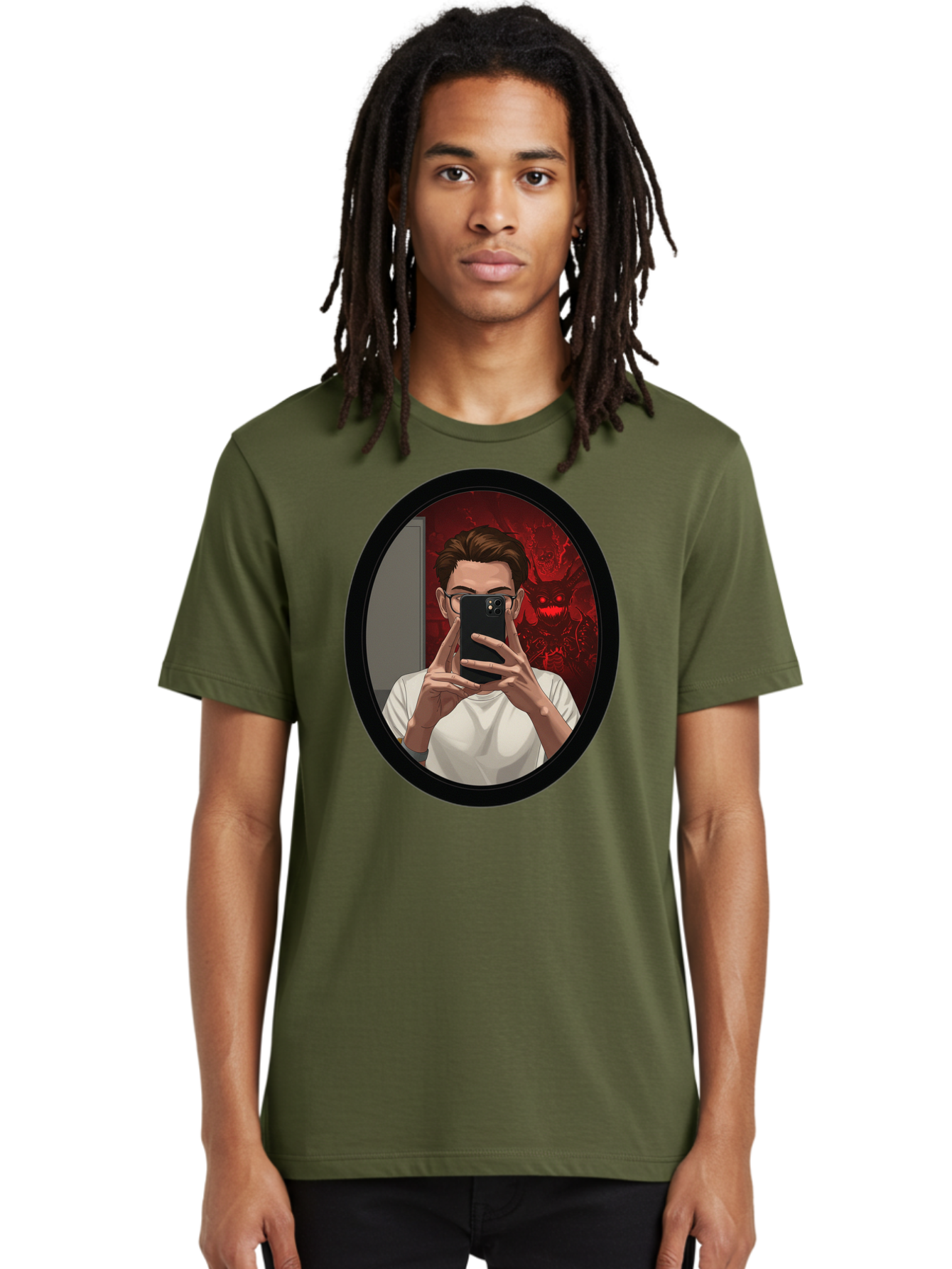 Man-Taking-Selfie-In-Mirror Men'S Graphic Tee, 100% Cotton, Comfortable Casual Summer Wear, Machine Washable, Vintage Camera, Old Camera, Antique Camera, Black Camera, Classic Photography, Photography Equipment, Nostalgic Device, Film Camera, Bao628