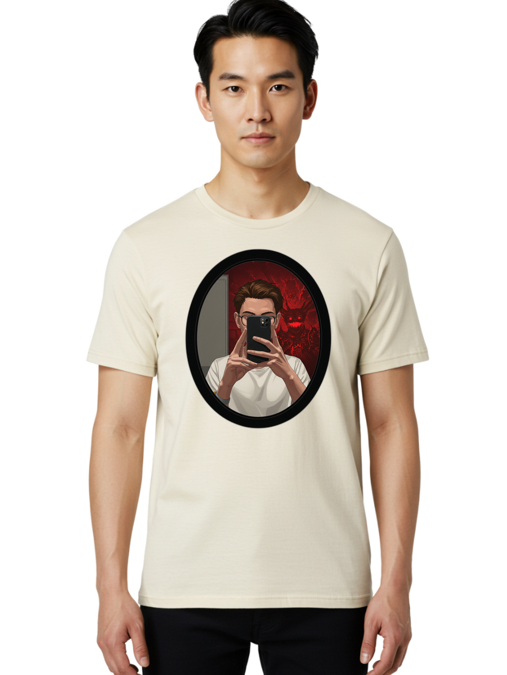 Man-Taking-Selfie-In-Mirror Men'S Graphic Tee, 100% Cotton, Comfortable Casual Summer Wear, Machine Washable, Vintage Camera, Old Camera, Antique Camera, Black Camera, Classic Photography, Photography Equipment, Nostalgic Device, Film Camera, Bao628