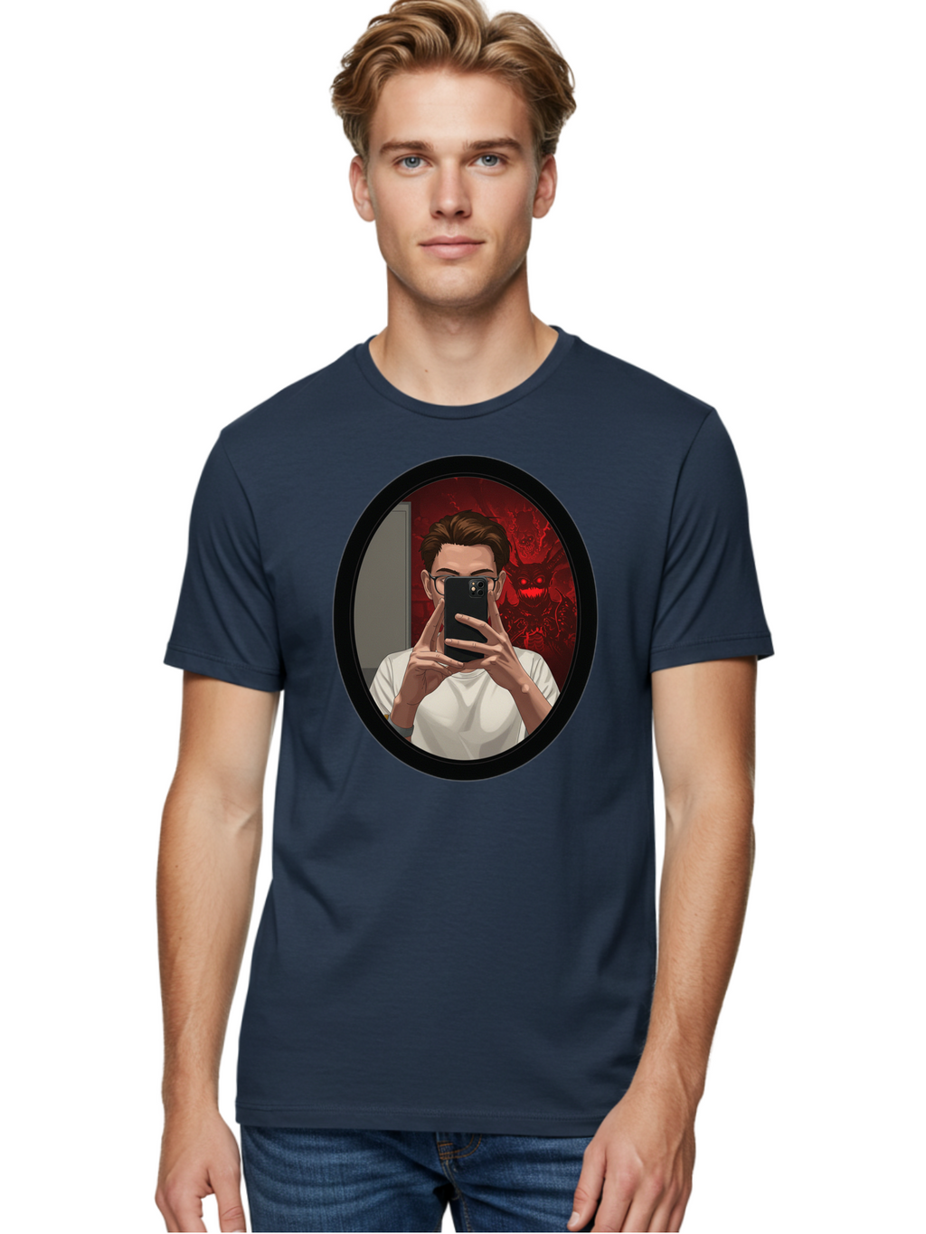 Man-Taking-Selfie-In-Mirror Men'S Graphic Tee, 100% Cotton, Comfortable Casual Summer Wear, Machine Washable, Vintage Camera, Old Camera, Antique Camera, Black Camera, Classic Photography, Photography Equipment, Nostalgic Device, Film Camera, Bao628