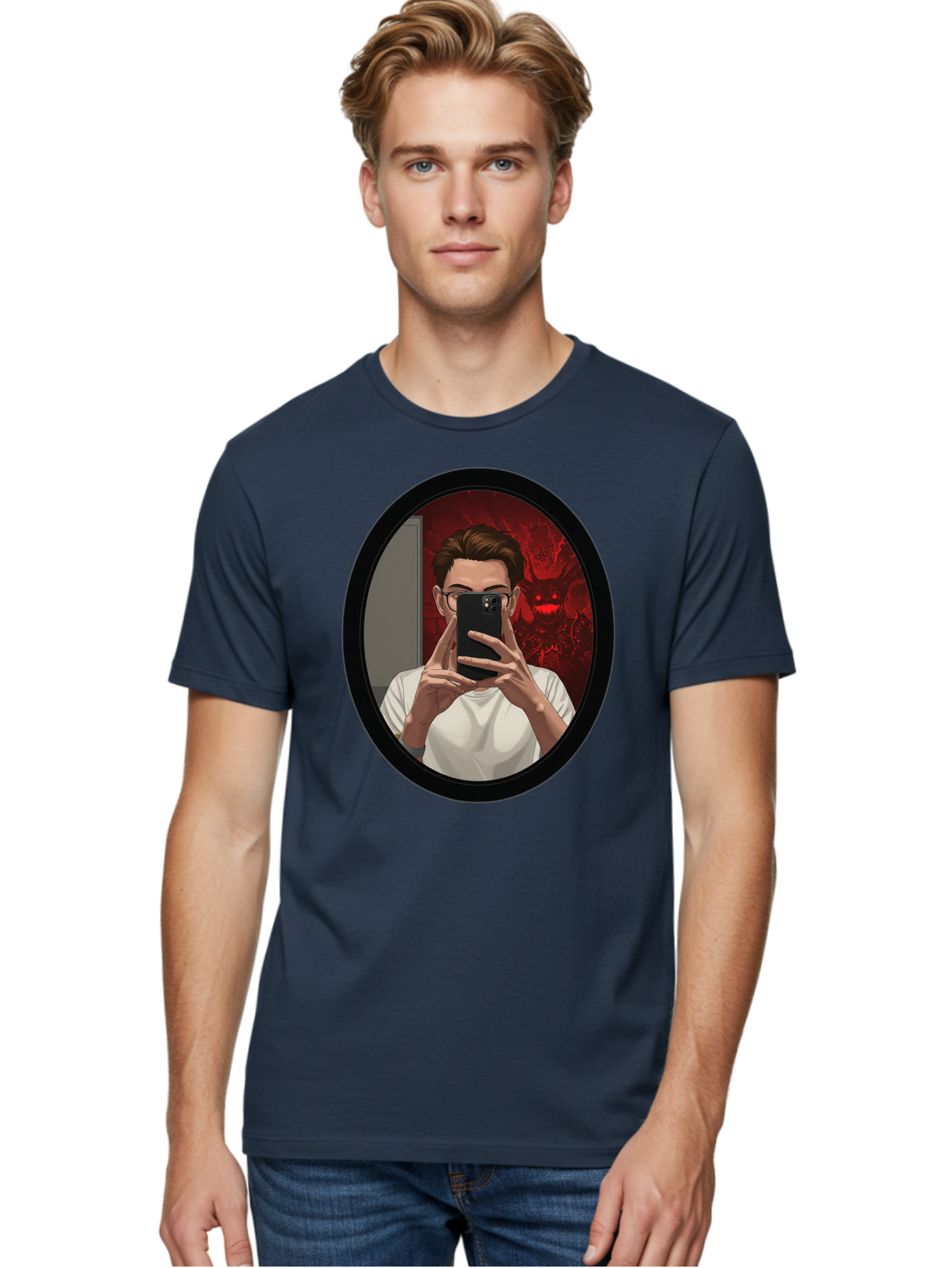 Man-Taking-Selfie-In-Mirror Men'S Graphic Tee, 100% Cotton, Comfortable Casual Summer Wear, Machine Washable, Vintage Camera, Old Camera, Antique Camera, Black Camera, Classic Photography, Photography Equipment, Nostalgic Device, Film Camera, Bao628