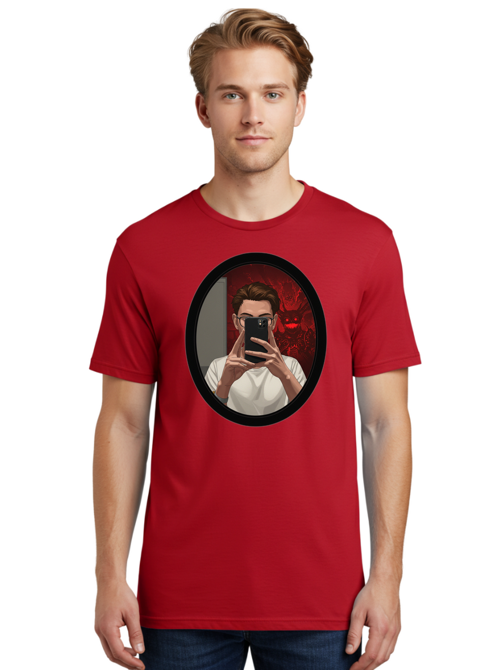 Man-Taking-Selfie-In-Mirror Men'S Graphic Tee, 100% Cotton, Comfortable Casual Summer Wear, Machine Washable, Vintage Camera, Old Camera, Antique Camera, Black Camera, Classic Photography, Photography Equipment, Nostalgic Device, Film Camera, Bao628