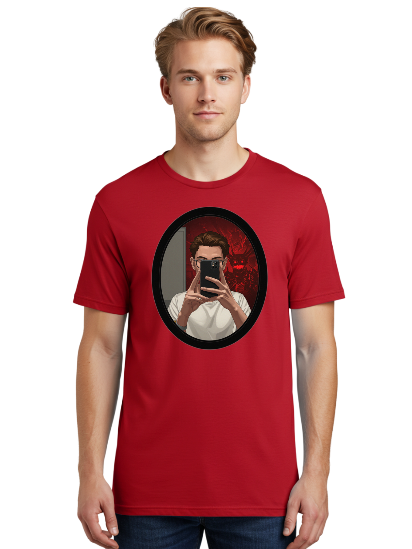 Man-Taking-Selfie-In-Mirror Men'S Graphic Tee, 100% Cotton, Comfortable Casual Summer Wear, Machine Washable, Vintage Camera, Old Camera, Antique Camera, Black Camera, Classic Photography, Photography Equipment, Nostalgic Device, Film Camera, Bao628