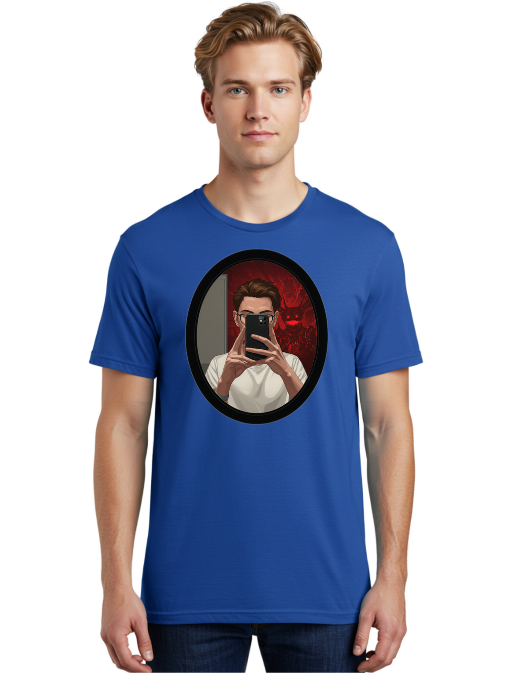 Man-Taking-Selfie-In-Mirror Men'S Graphic Tee, 100% Cotton, Comfortable Casual Summer Wear, Machine Washable, Vintage Camera, Old Camera, Antique Camera, Black Camera, Classic Photography, Photography Equipment, Nostalgic Device, Film Camera, Bao628