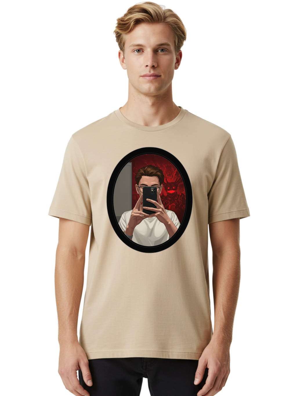 Man-Taking-Selfie-In-Mirror Men'S Graphic Tee, 100% Cotton, Comfortable Casual Summer Wear, Machine Washable, Vintage Camera, Old Camera, Antique Camera, Black Camera, Classic Photography, Photography Equipment, Nostalgic Device, Film Camera, Bao628