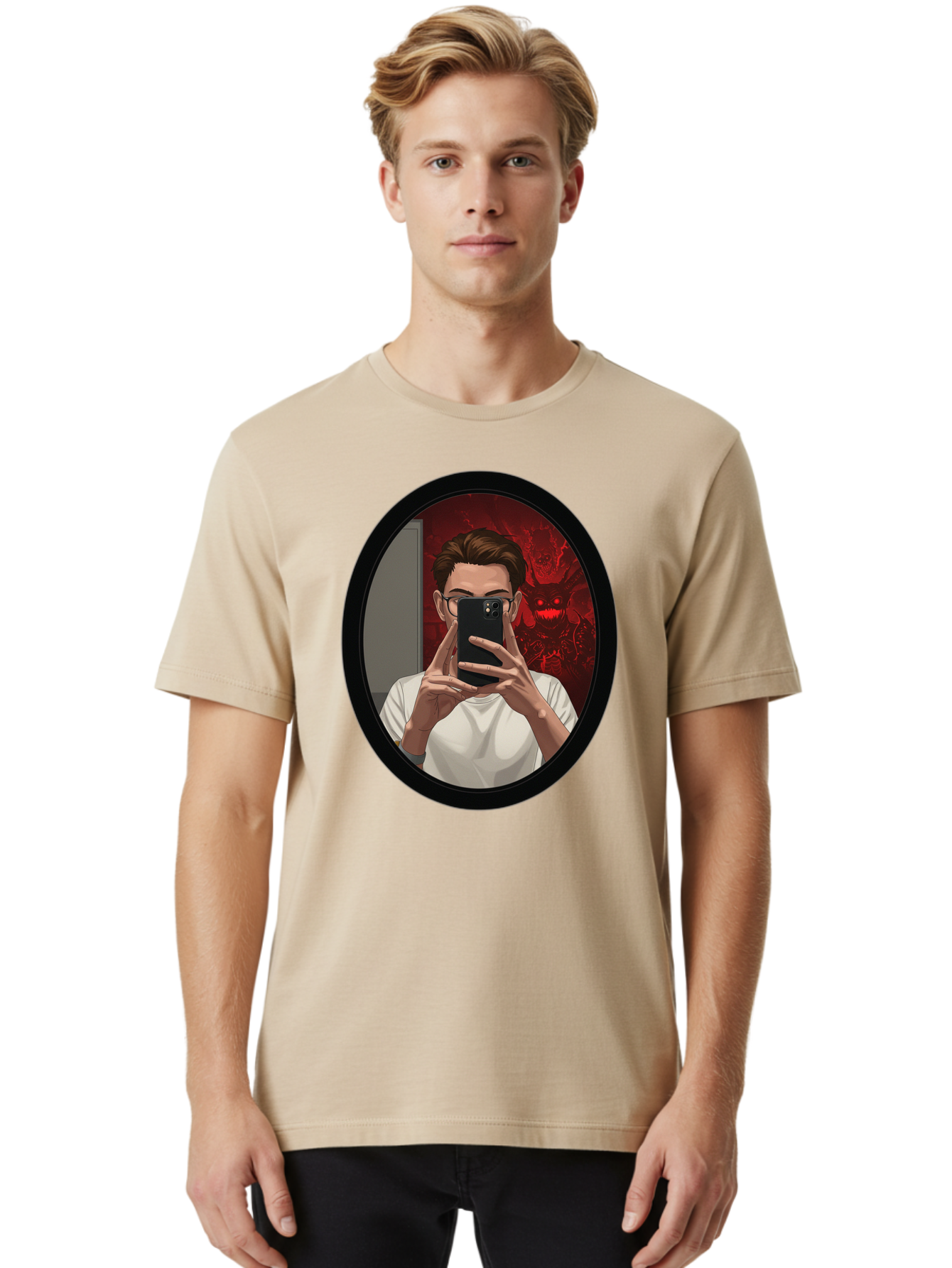 Man-Taking-Selfie-In-Mirror Men'S Graphic Tee, 100% Cotton, Comfortable Casual Summer Wear, Machine Washable, Vintage Camera, Old Camera, Antique Camera, Black Camera, Classic Photography, Photography Equipment, Nostalgic Device, Film Camera, Bao628