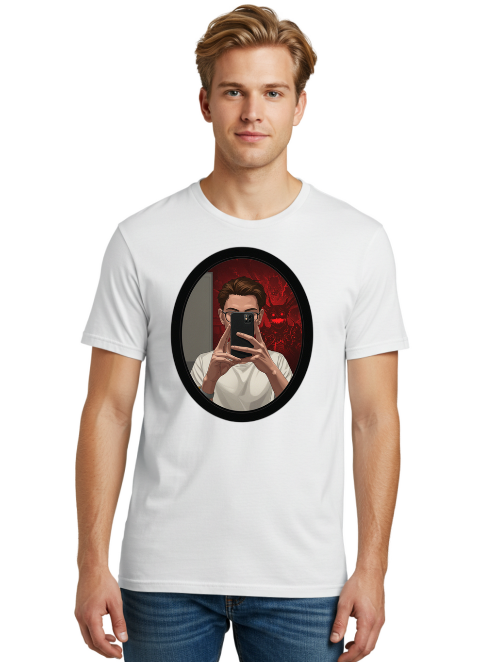 Man-Taking-Selfie-In-Mirror Men'S Graphic Tee, 100% Cotton, Comfortable Casual Summer Wear, Machine Washable, Vintage Camera, Old Camera, Antique Camera, Black Camera, Classic Photography, Photography Equipment, Nostalgic Device, Film Camera, Bao628