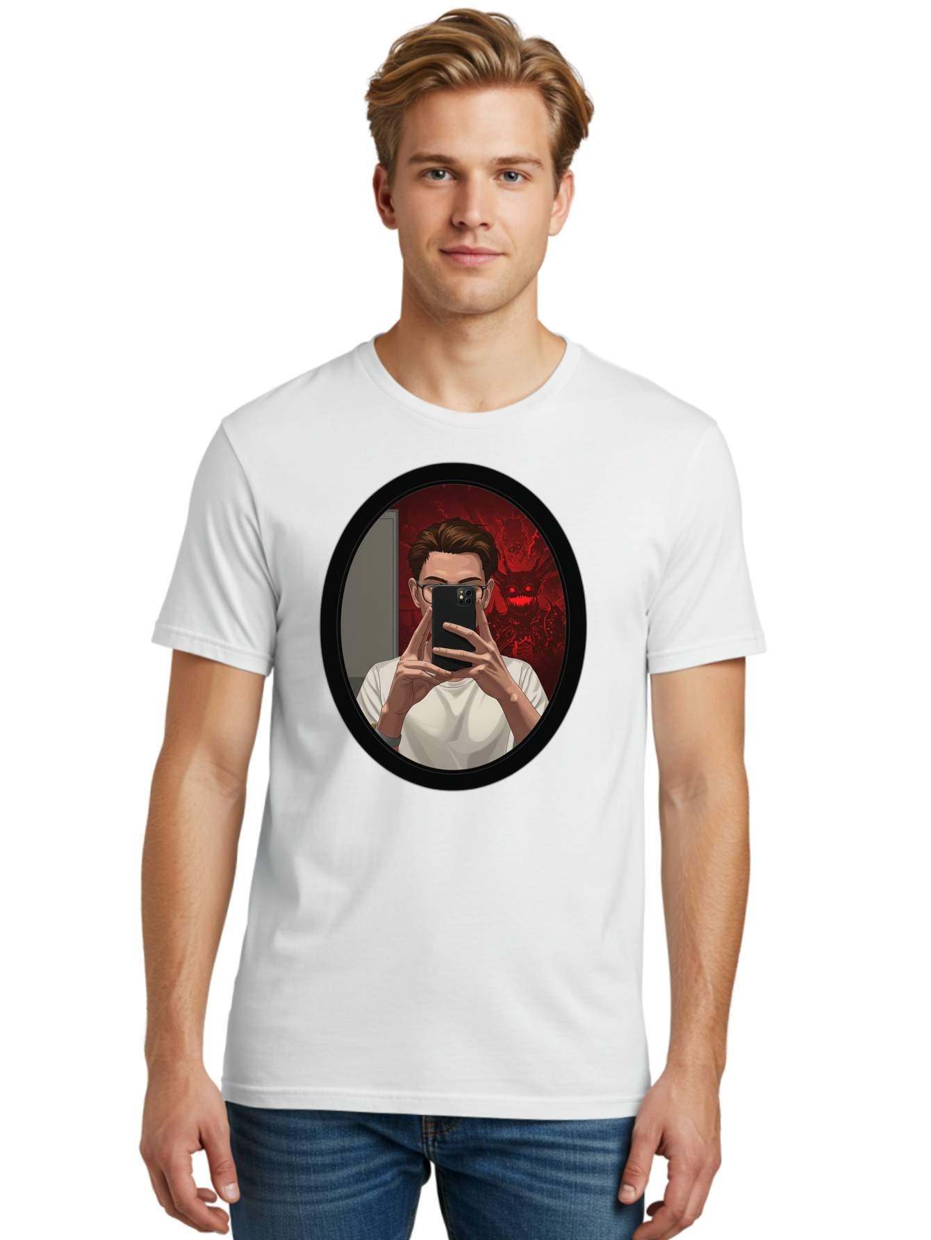 Man-Taking-Selfie-In-Mirror Men'S Graphic Tee, 100% Cotton, Comfortable Casual Summer Wear, Machine Washable, Vintage Camera, Old Camera, Antique Camera, Black Camera, Classic Photography, Photography Equipment, Nostalgic Device, Film Camera, Bao628