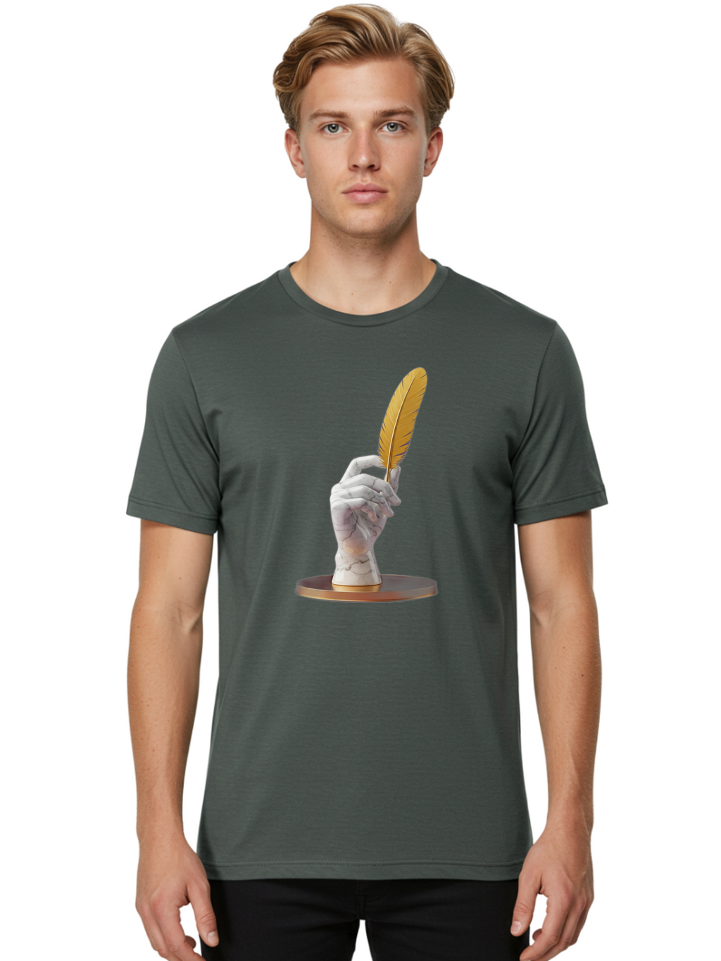 Marble-Hand-Holding-Feather Men'S Graphic Tee, 100% Cotton, Comfortable Casual Summer Wear, Machine Washable, Vintage Camera, Old Camera, Antique Camera, Black Camera, Classic Photography, Photography Equipment, Nostalgic Device, Film Camera, Bao633