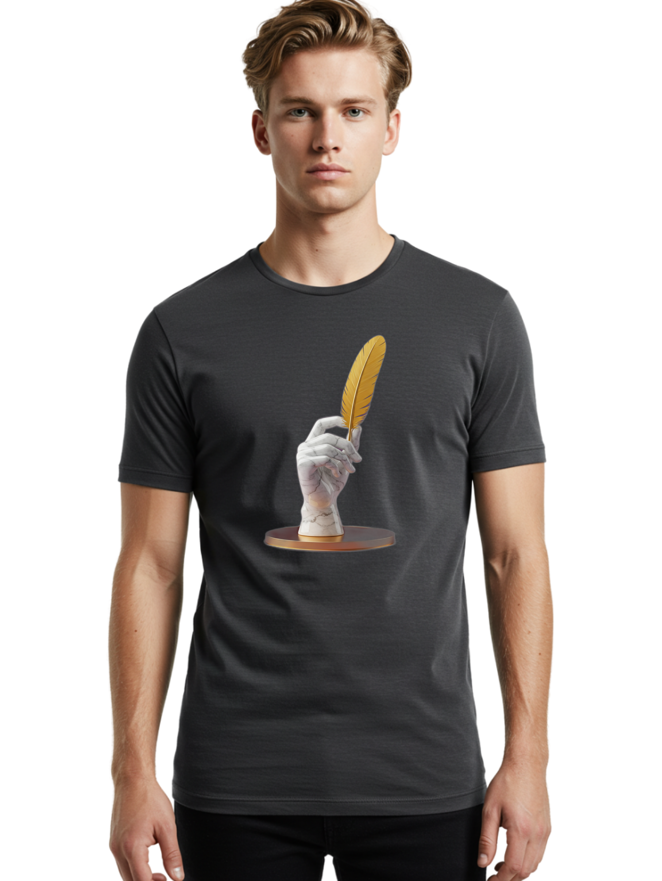 Marble-Hand-Holding-Feather Men'S Graphic Tee, 100% Cotton, Comfortable Casual Summer Wear, Machine Washable, Vintage Camera, Old Camera, Antique Camera, Black Camera, Classic Photography, Photography Equipment, Nostalgic Device, Film Camera, Bao633