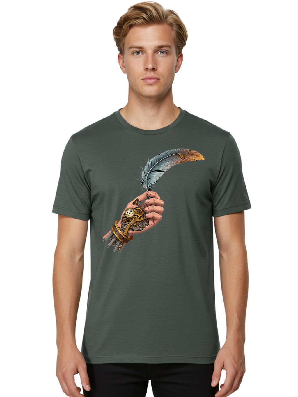 Mechanical-Hand-Feather-Quill Men'S Graphic Tee, 100% Cotton, Comfortable Casual Summer Wear, Machine Washable, Vintage Camera, Old Camera, Antique Camera, Black Camera, Classic Photography, Photography Equipment, Nostalgic Device, Bao636
