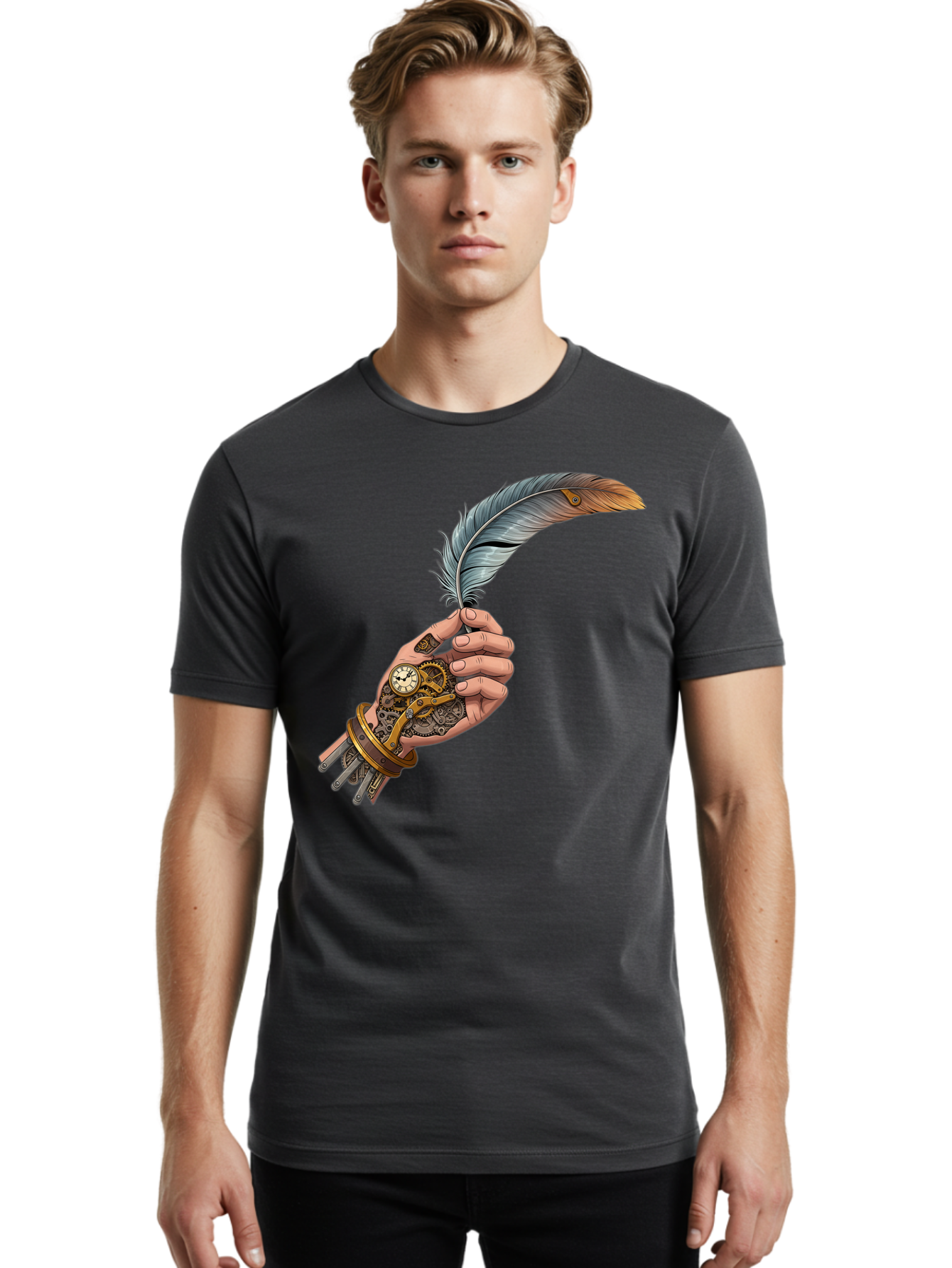 Mechanical-Hand-Feather-Quill Men'S Graphic Tee, 100% Cotton, Comfortable Casual Summer Wear, Machine Washable, Vintage Camera, Old Camera, Antique Camera, Black Camera, Classic Photography, Photography Equipment, Nostalgic Device, Bao636