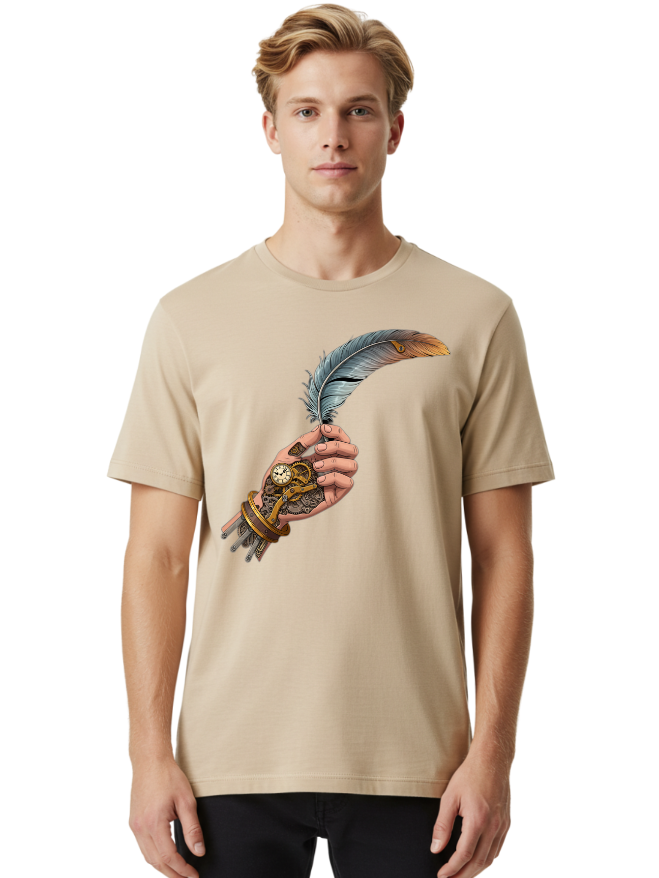Mechanical-Hand-Feather-Quill Men'S Graphic Tee, 100% Cotton, Comfortable Casual Summer Wear, Machine Washable, Vintage Camera, Old Camera, Antique Camera, Black Camera, Classic Photography, Photography Equipment, Nostalgic Device, Bao636