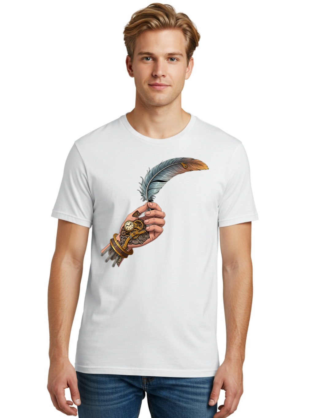 Mechanical-Hand-Feather-Quill Men'S Graphic Tee, 100% Cotton, Comfortable Casual Summer Wear, Machine Washable, Vintage Camera, Old Camera, Antique Camera, Black Camera, Classic Photography, Photography Equipment, Nostalgic Device, Bao636